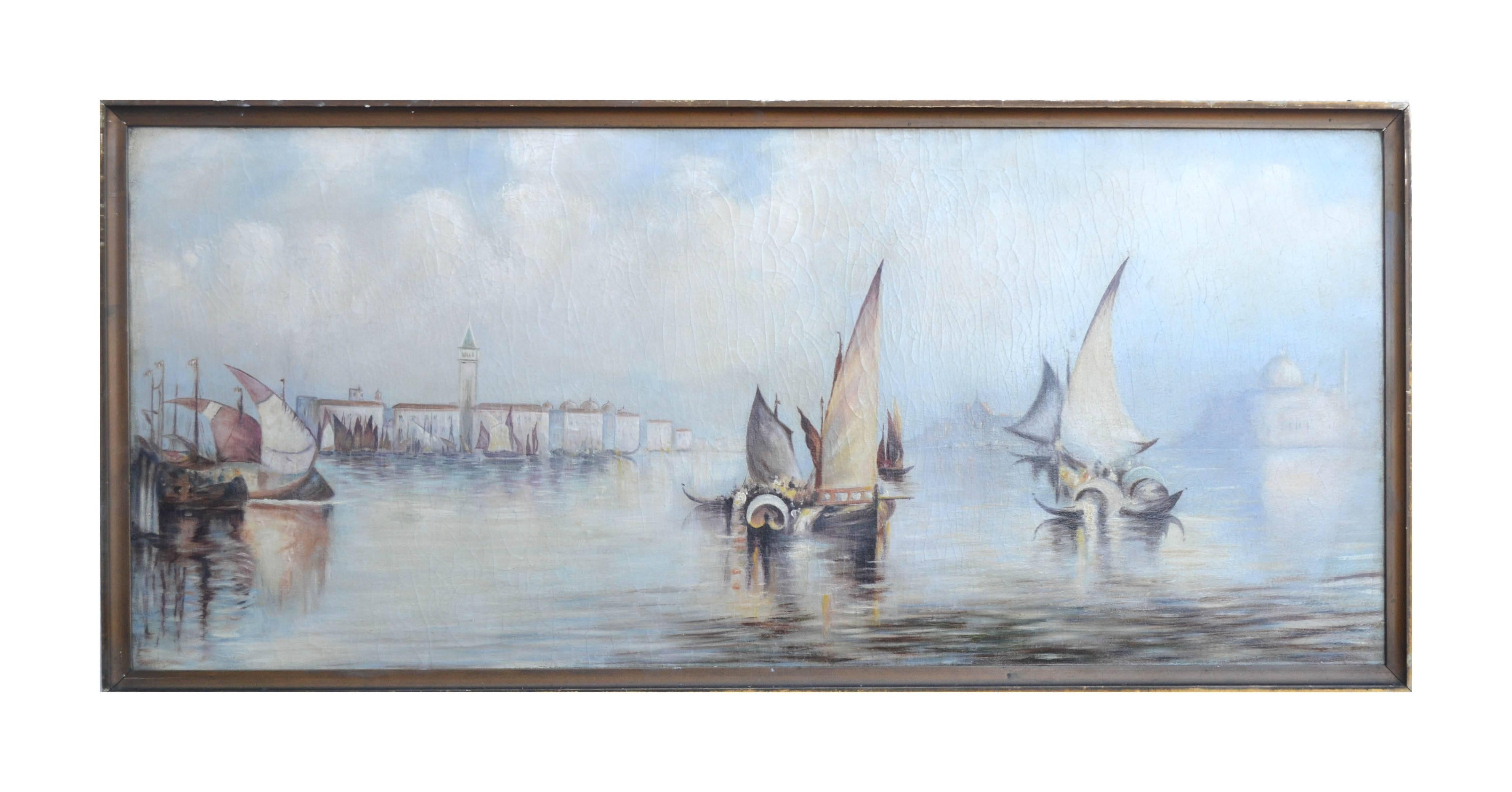 Landscape Painting de Unknown - Paisaje de los barcos de 1920 en el Nilo