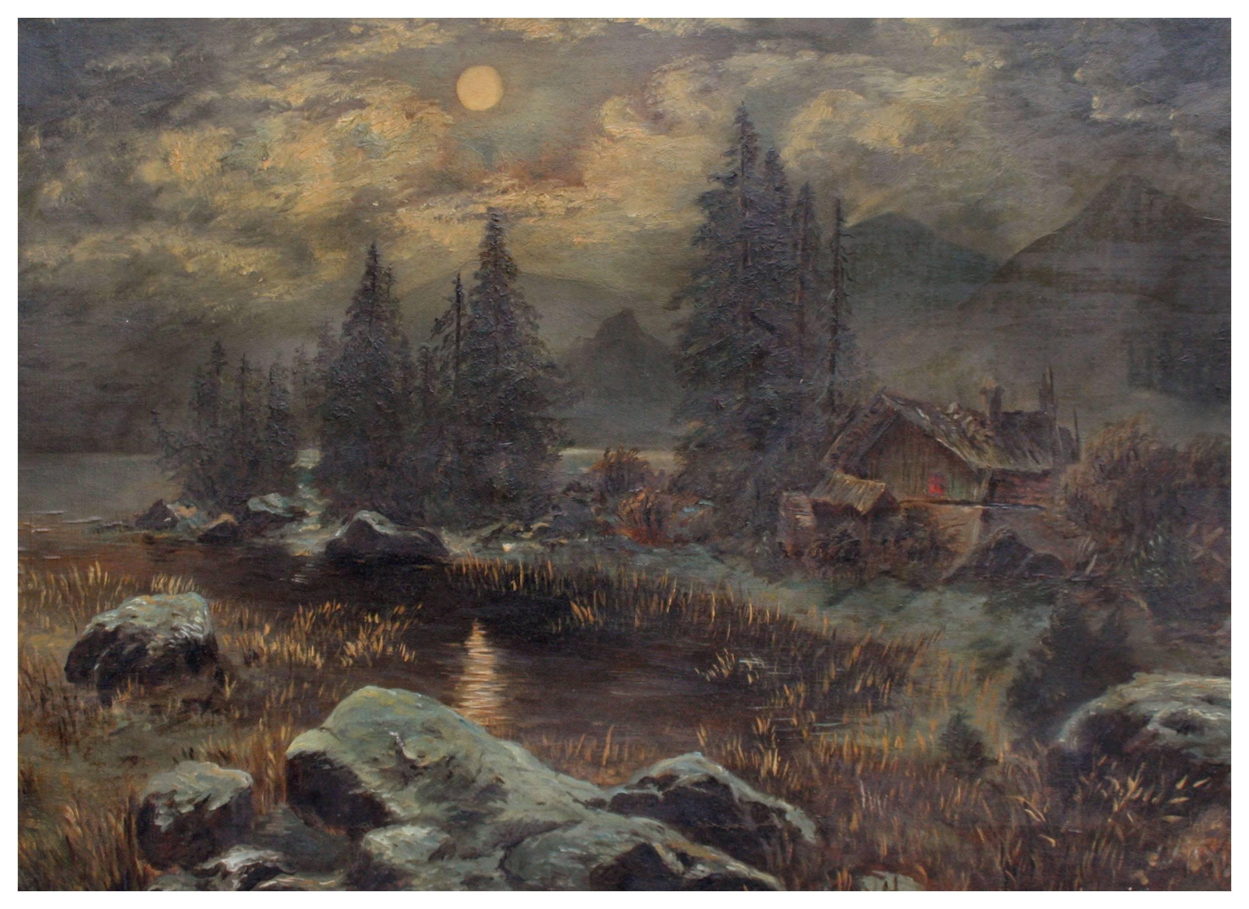 Late 19th Century Nocturnal Landscape -- Countryside at Night - Painting by Adelaide Elizabeth Doman Crocker