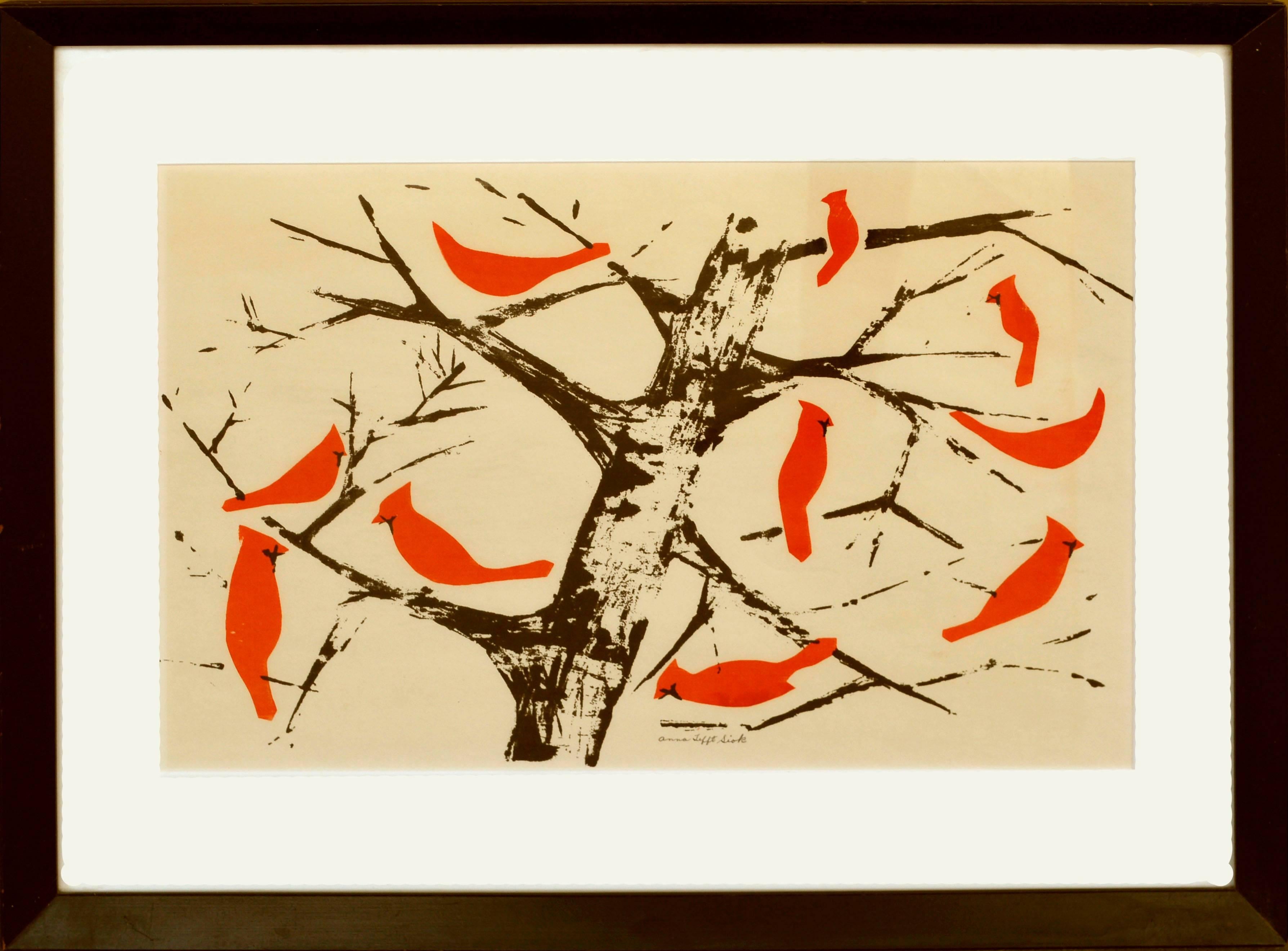 Anna Tefft Siok Figurative Painting - Modernist Red Cardinals
