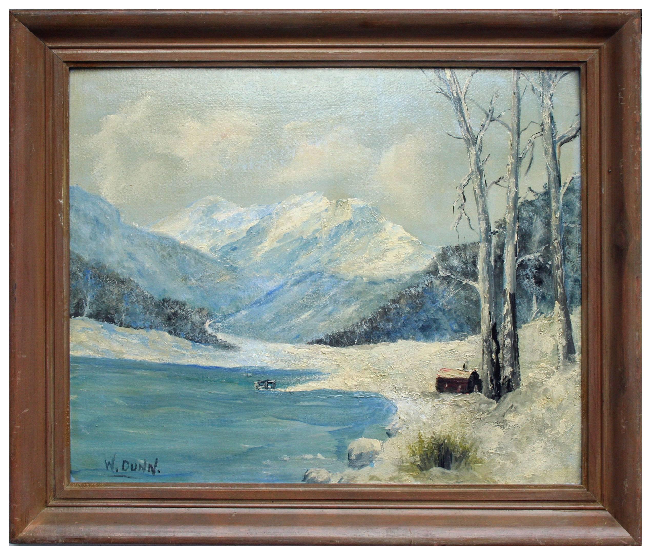 W. Dunn Landscape Painting - Mountain Lake Cabin in Snow, Mid-Century Winter Landscape