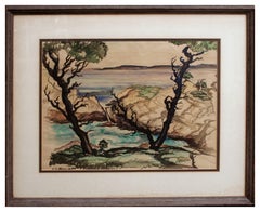Mid Century Watercolor Seascape with Cypress
