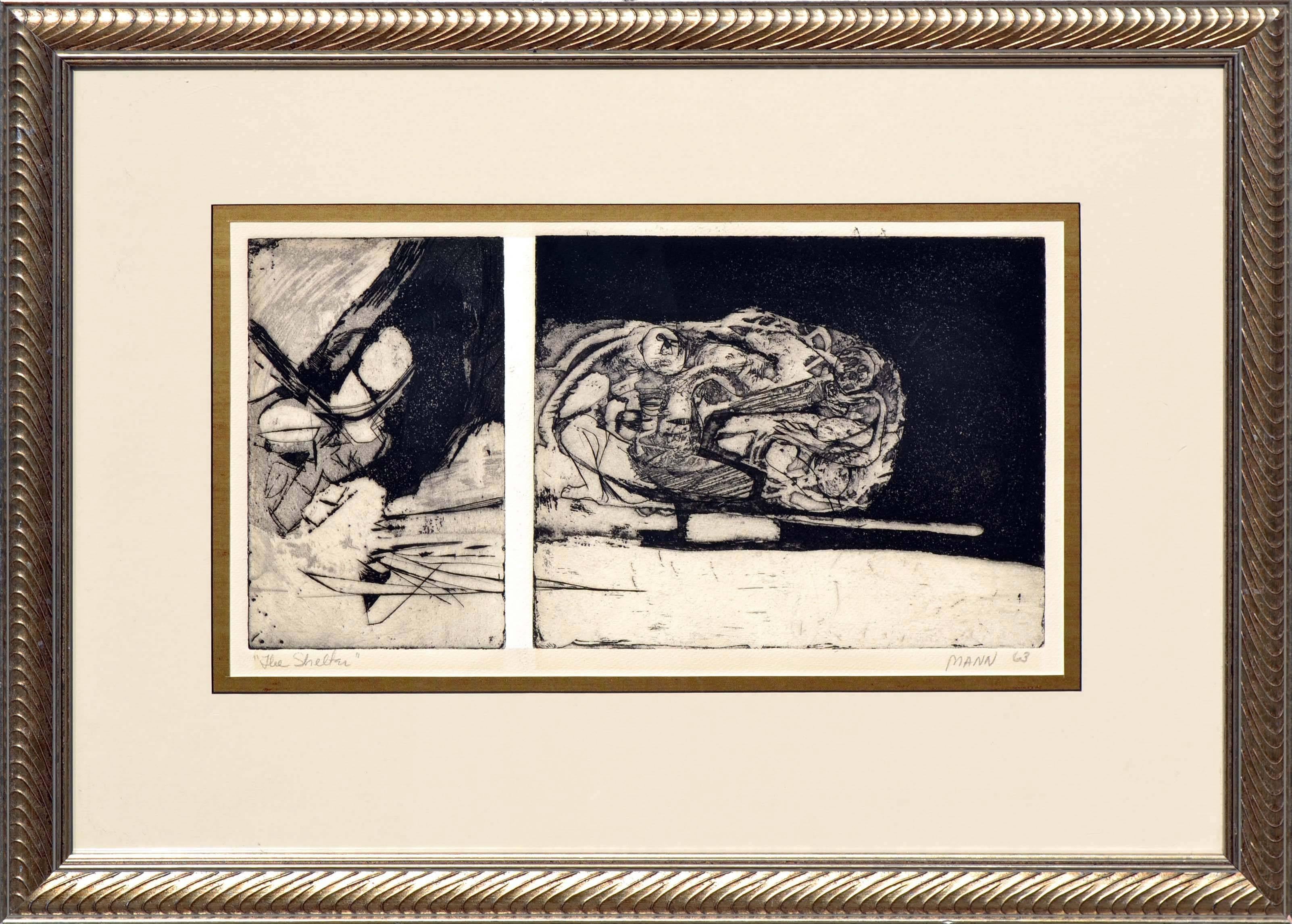 Barbara Mann Abstract Print - "The Shelter" - Mid Century Abstract Etching