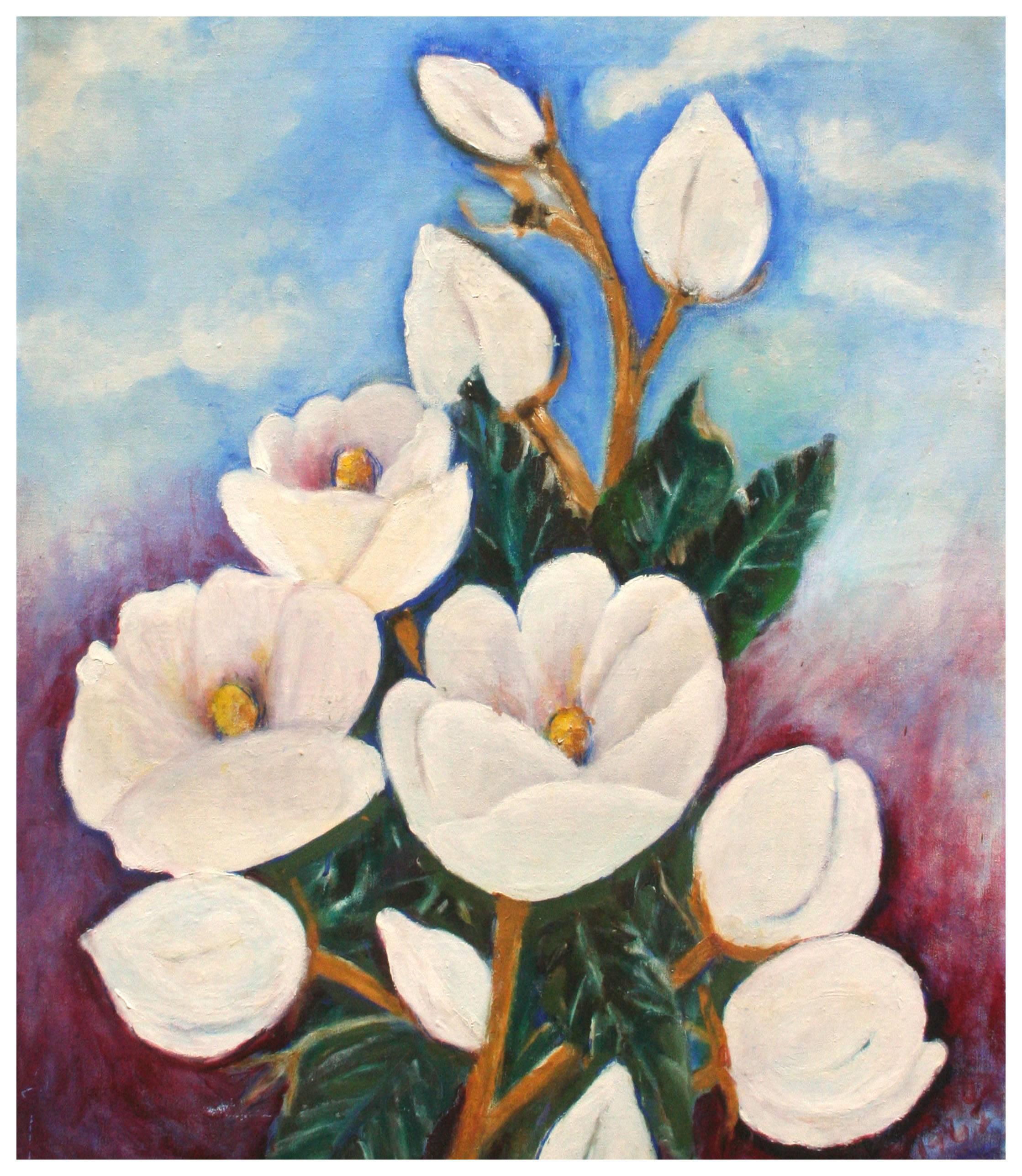 Still-Life Painting Ann McKee - Nature morte du matin Magnolias du milieu du siècle dernier 