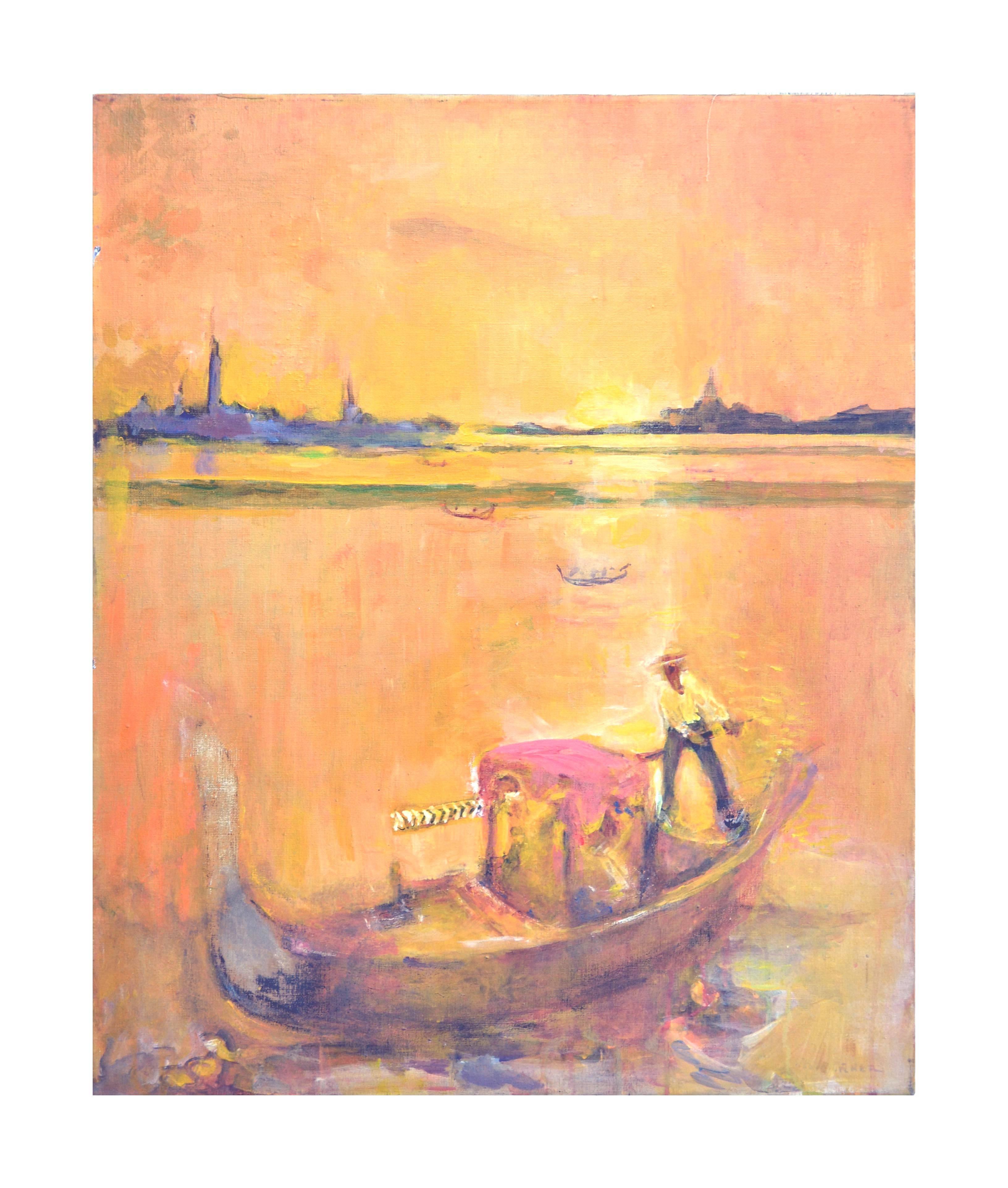 Kathryn Aurner  Landscape Painting - Golden Gondola in Venice