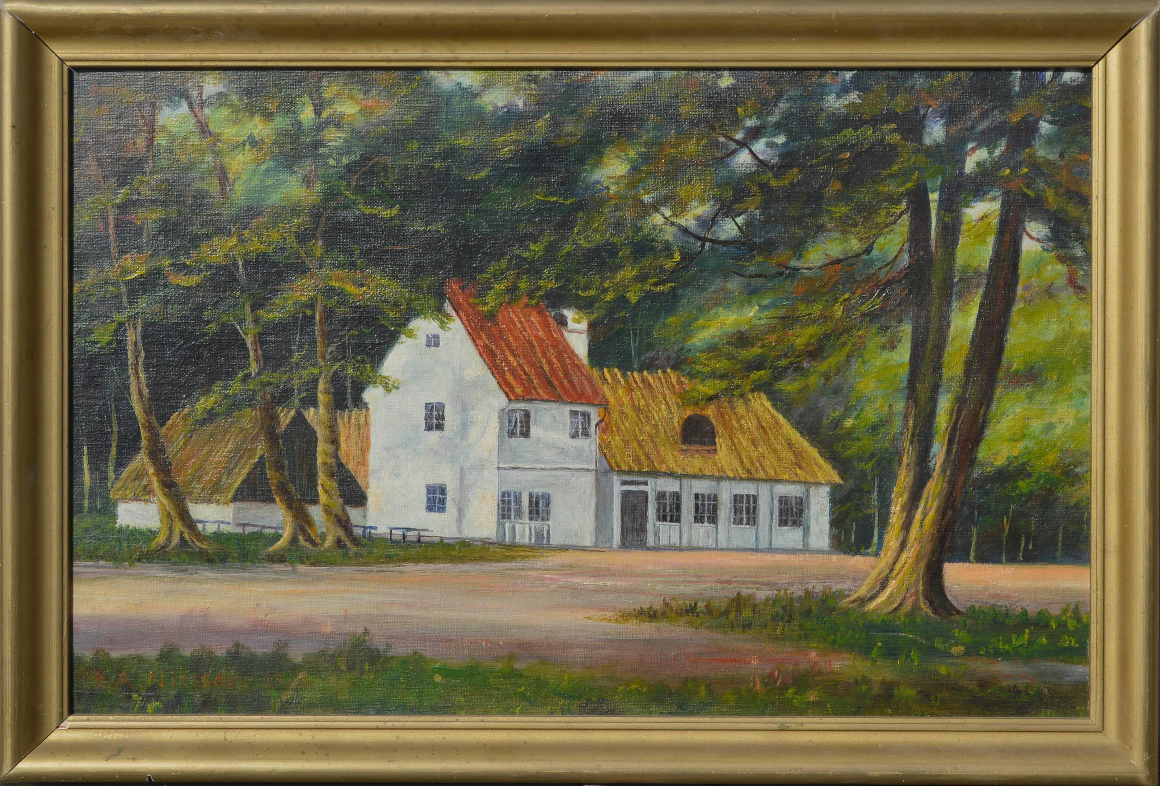 Peter Nielsen Landscape Painting - Early 20th Century Danish Farmhouse Landscape 