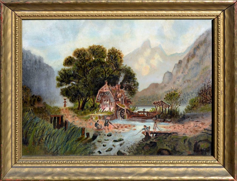 Unknown Landscape Painting - 19th Century Gold Country - Pioneer Figurative Landscape 