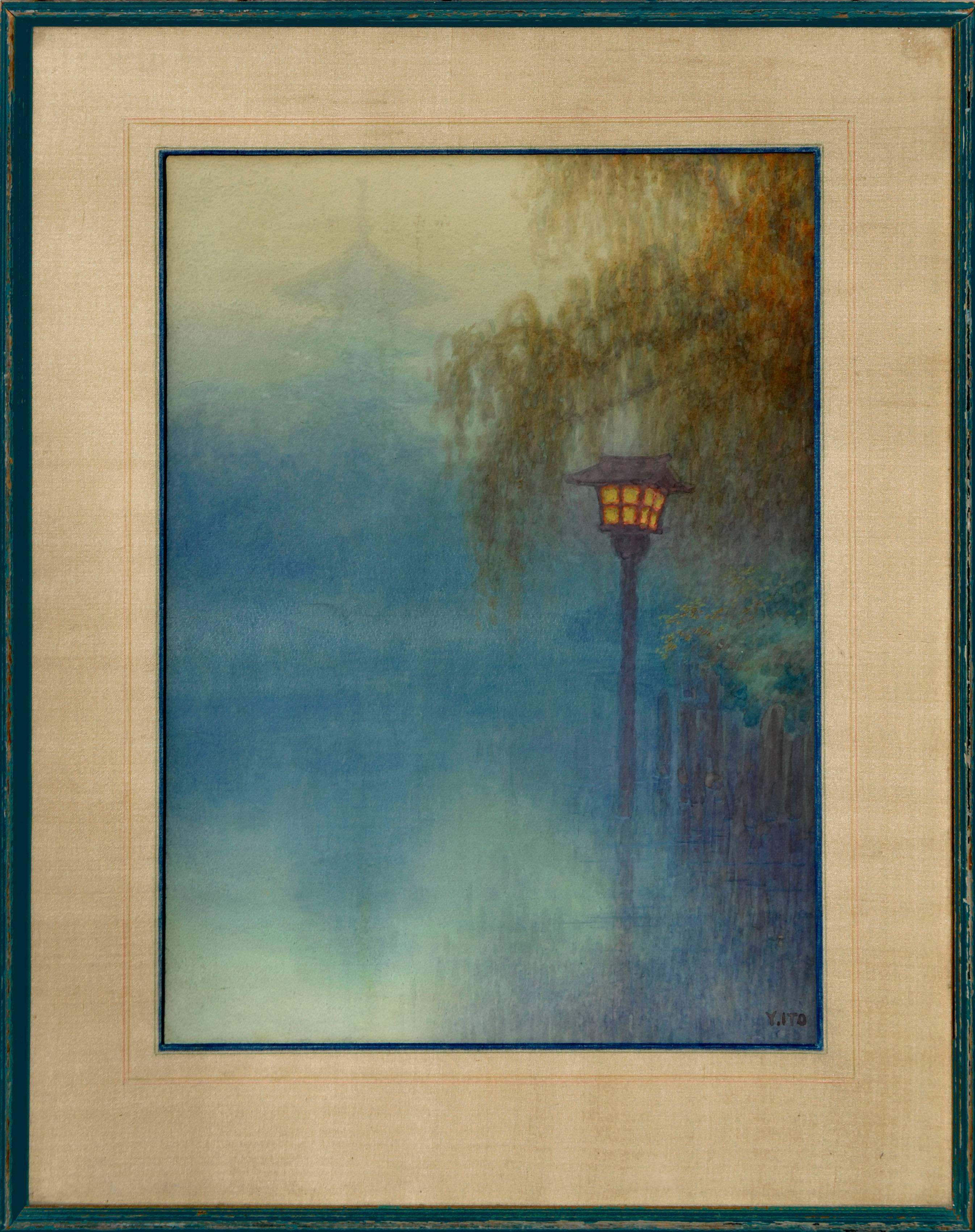 Yuhan Ito (Yoshihiko Ito) Landscape Painting - Lantern at Pond by Y. Ito