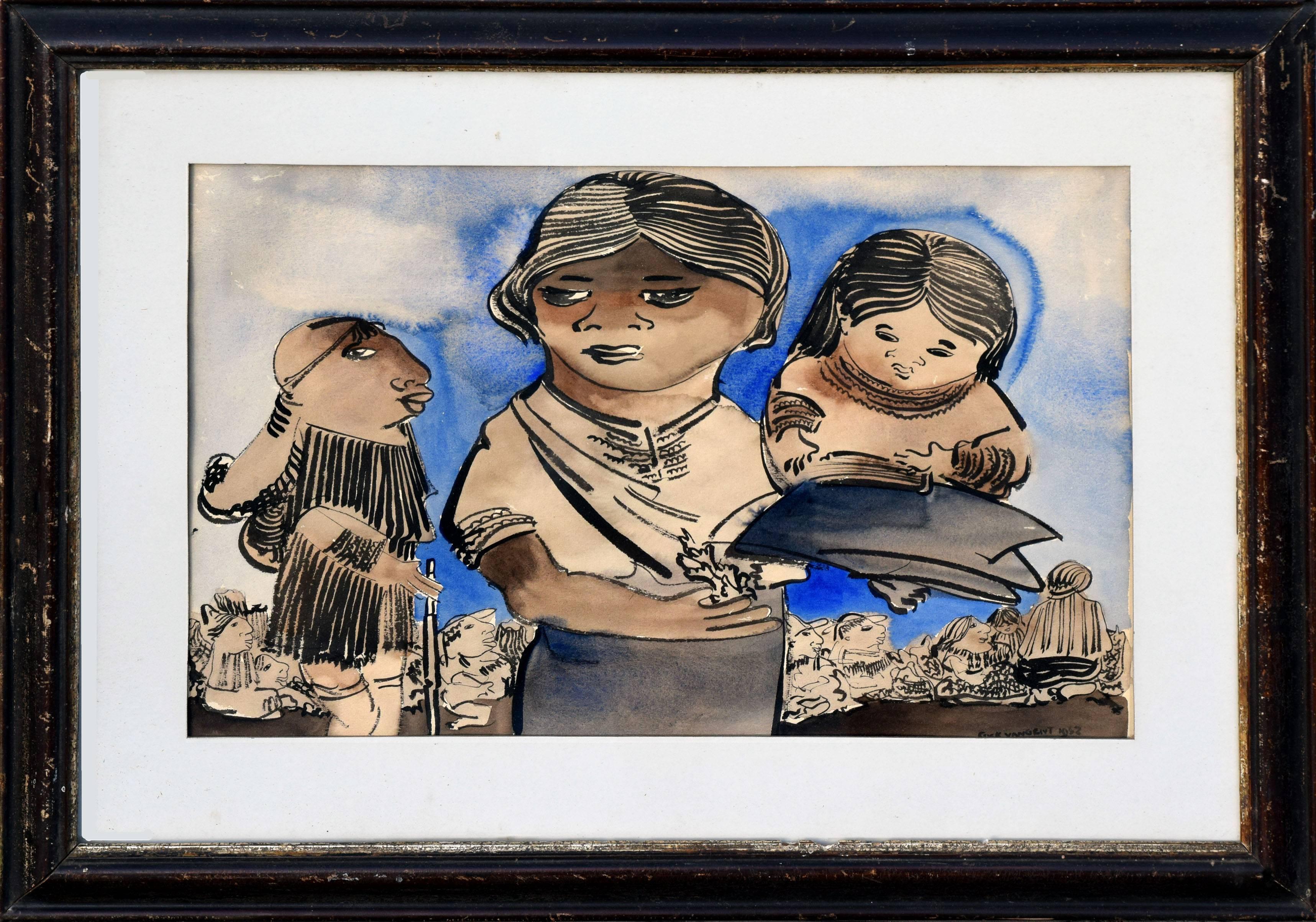 Figurative Painting de Cock Van Gent - La familia - Figurativo de mediados de siglo