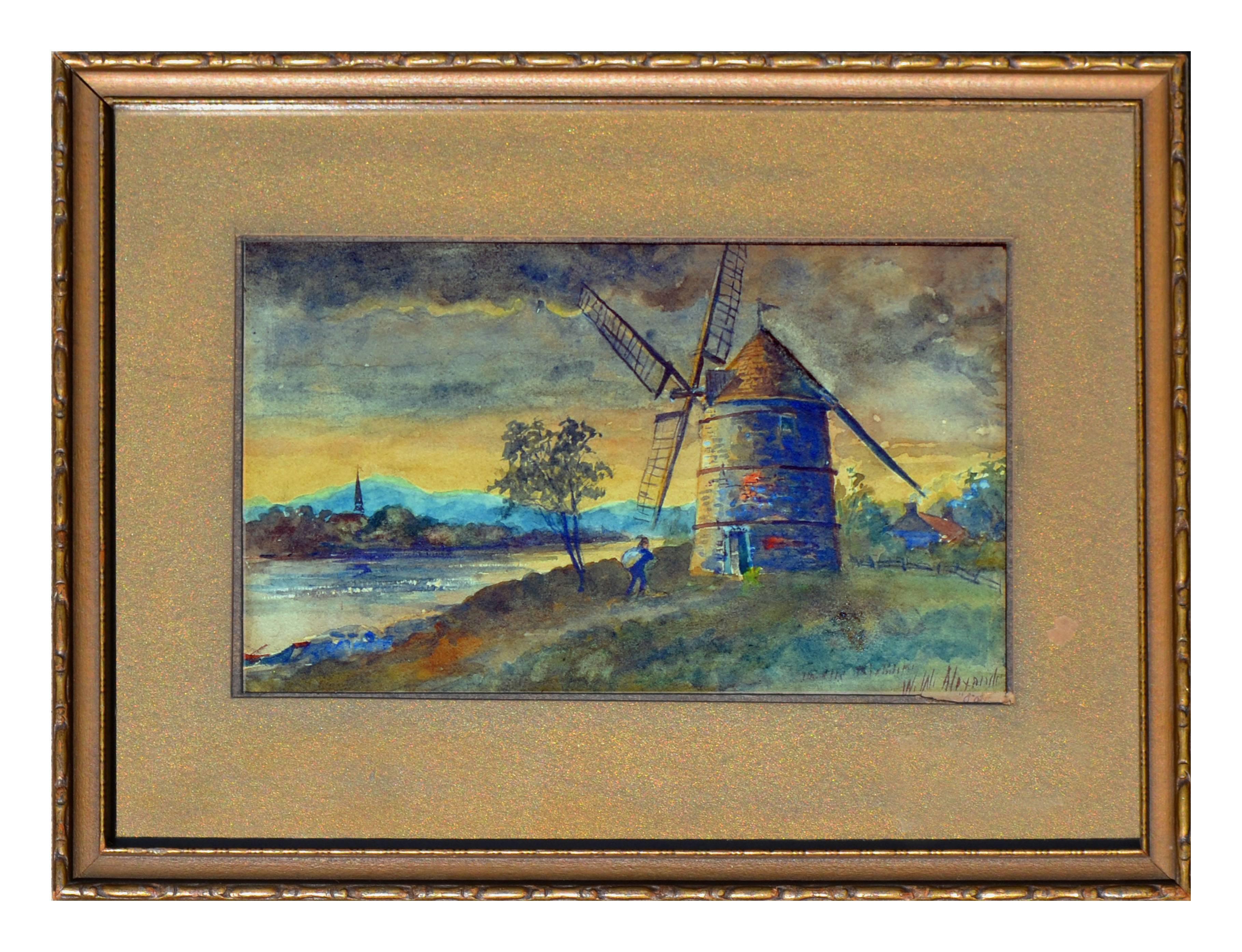 William Walker Alexander Landscape Painting - Inlet and Windmill Landscape