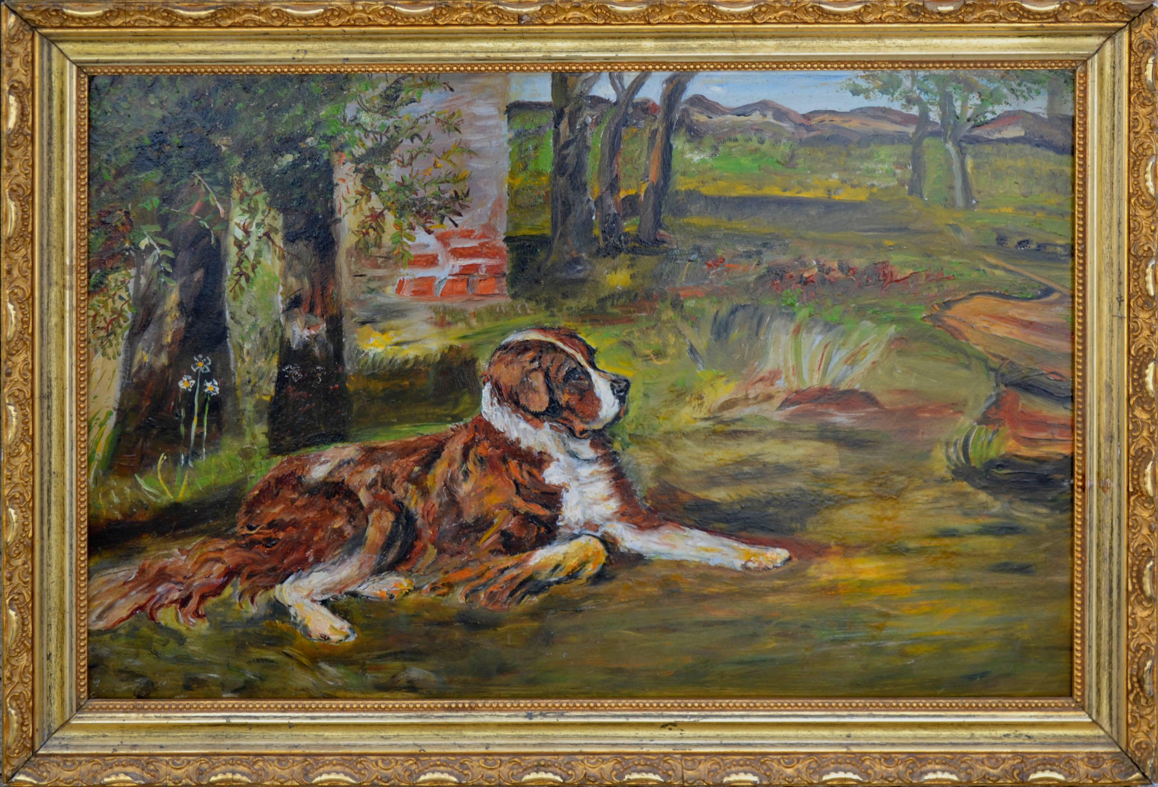 Unknown Animal Painting - St. Bernard on the Lawn