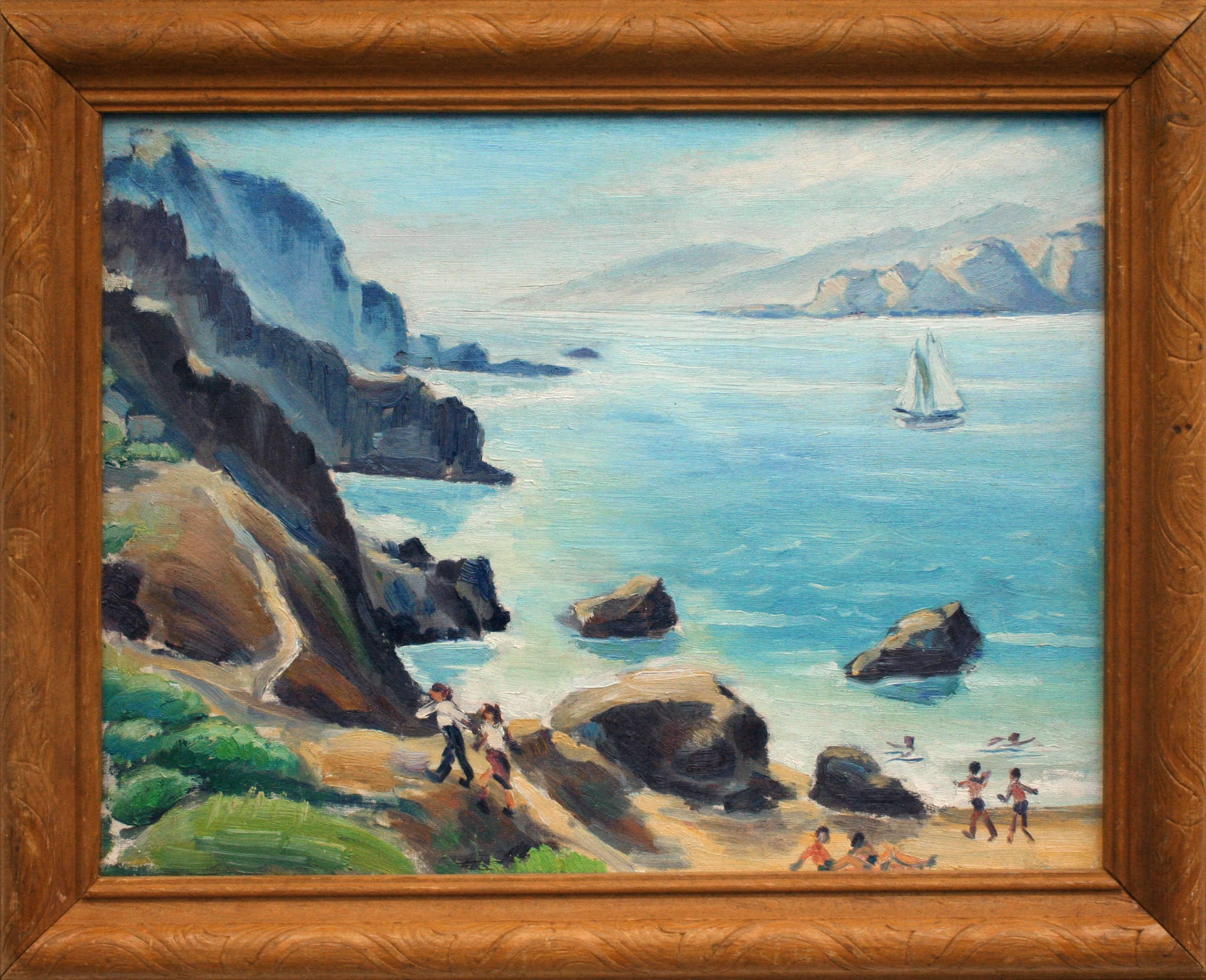 Unknown Figurative Painting - Mid Century Beach Day San Francisco Bay Landscape 