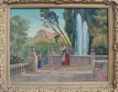 Vintage Mid Century Figurative Landscape -- Sisters on the Terrazza 