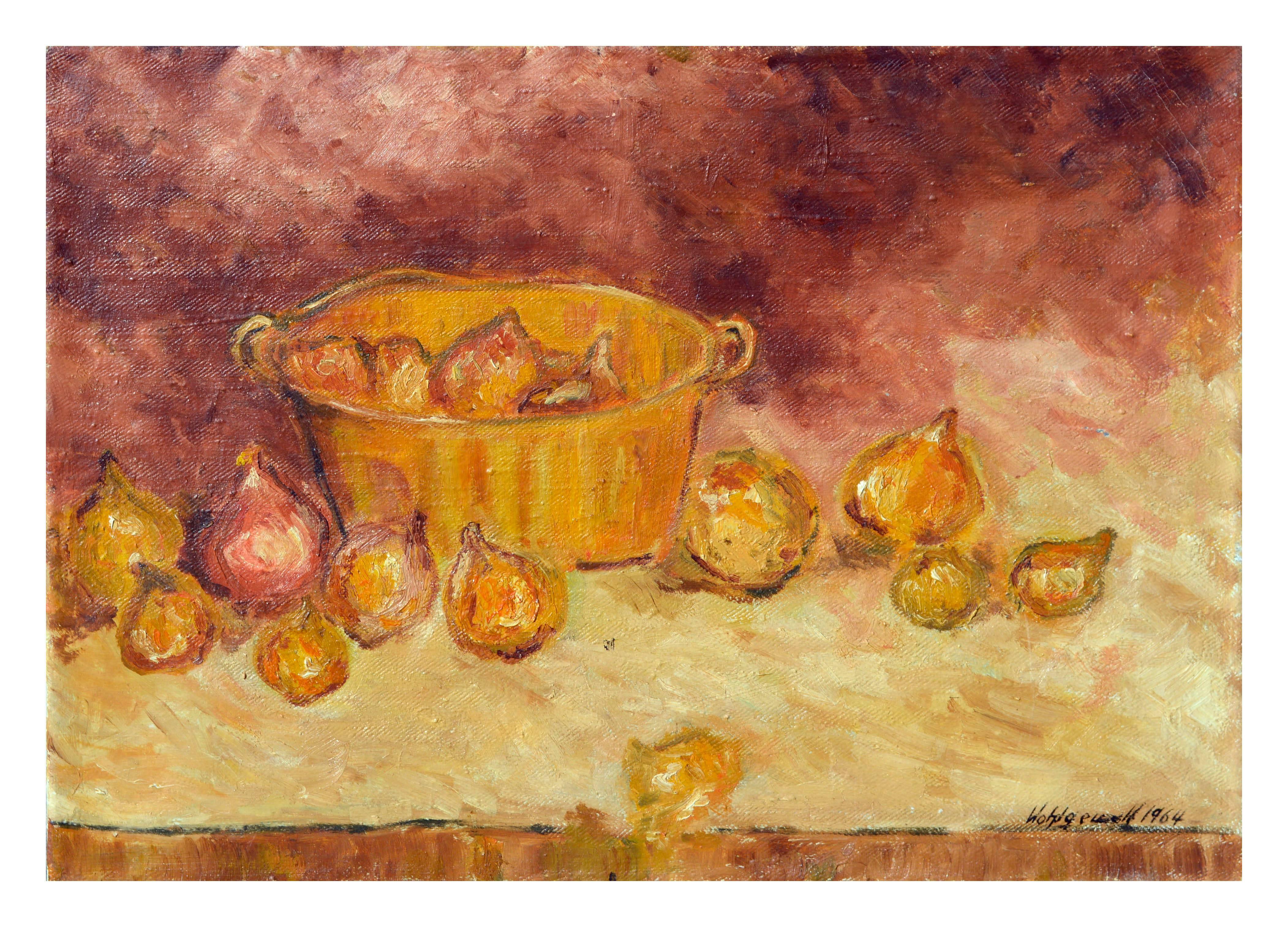 Daniel Wohlgemuth Still-Life Painting - Mid Century Onions and Copper Pot Still Life