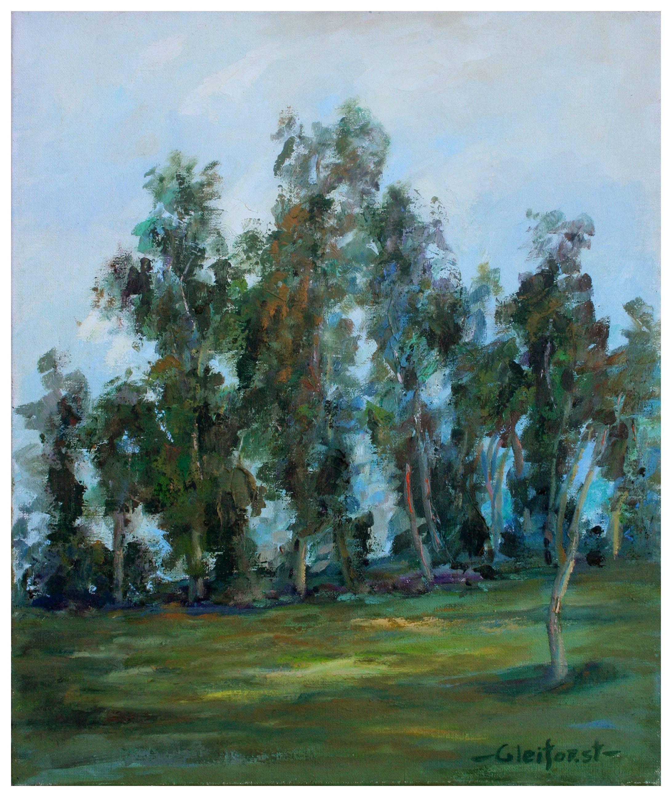 Mid Century California Landscape - Eucalyptus Grove in the Morning - Painting by Helen Enoch Gleiforst