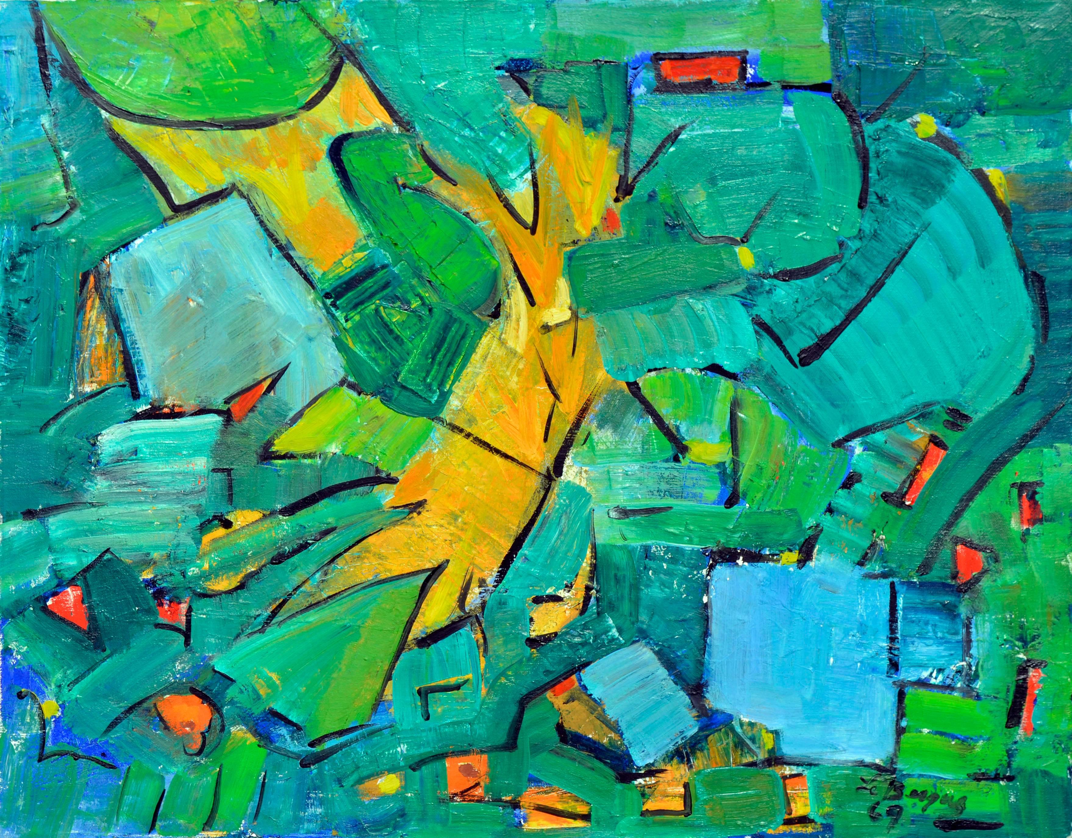 Le Besque Abstract Painting - Garden Green & Cyan Abstract