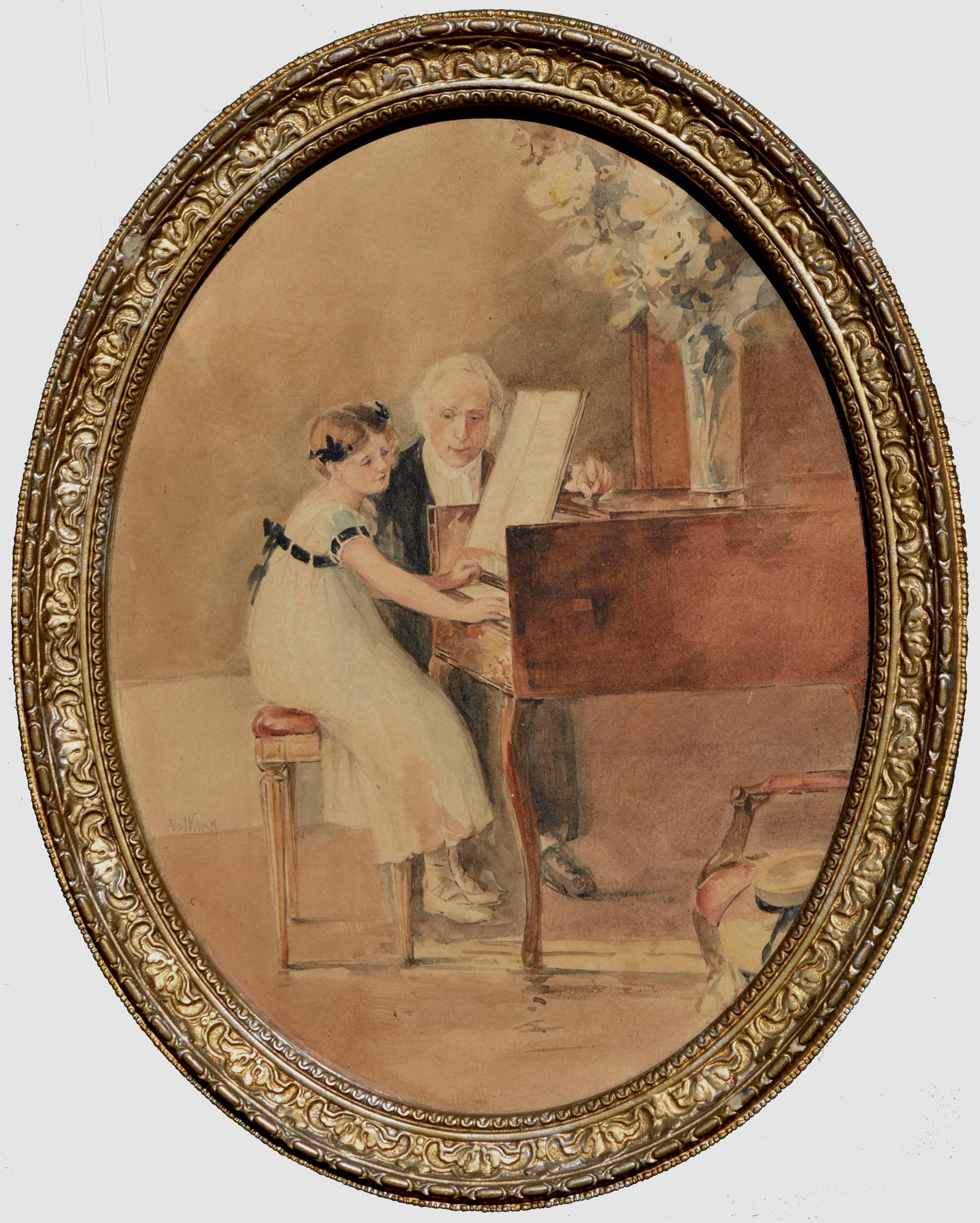 The First Piano Lesson - 1920's Figurative Watercolor 