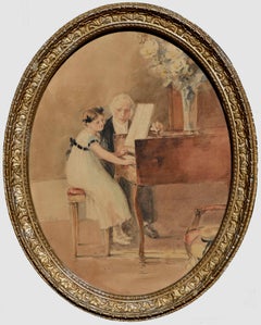 The First Piano Lesson - 1920's Figurative Watercolor 