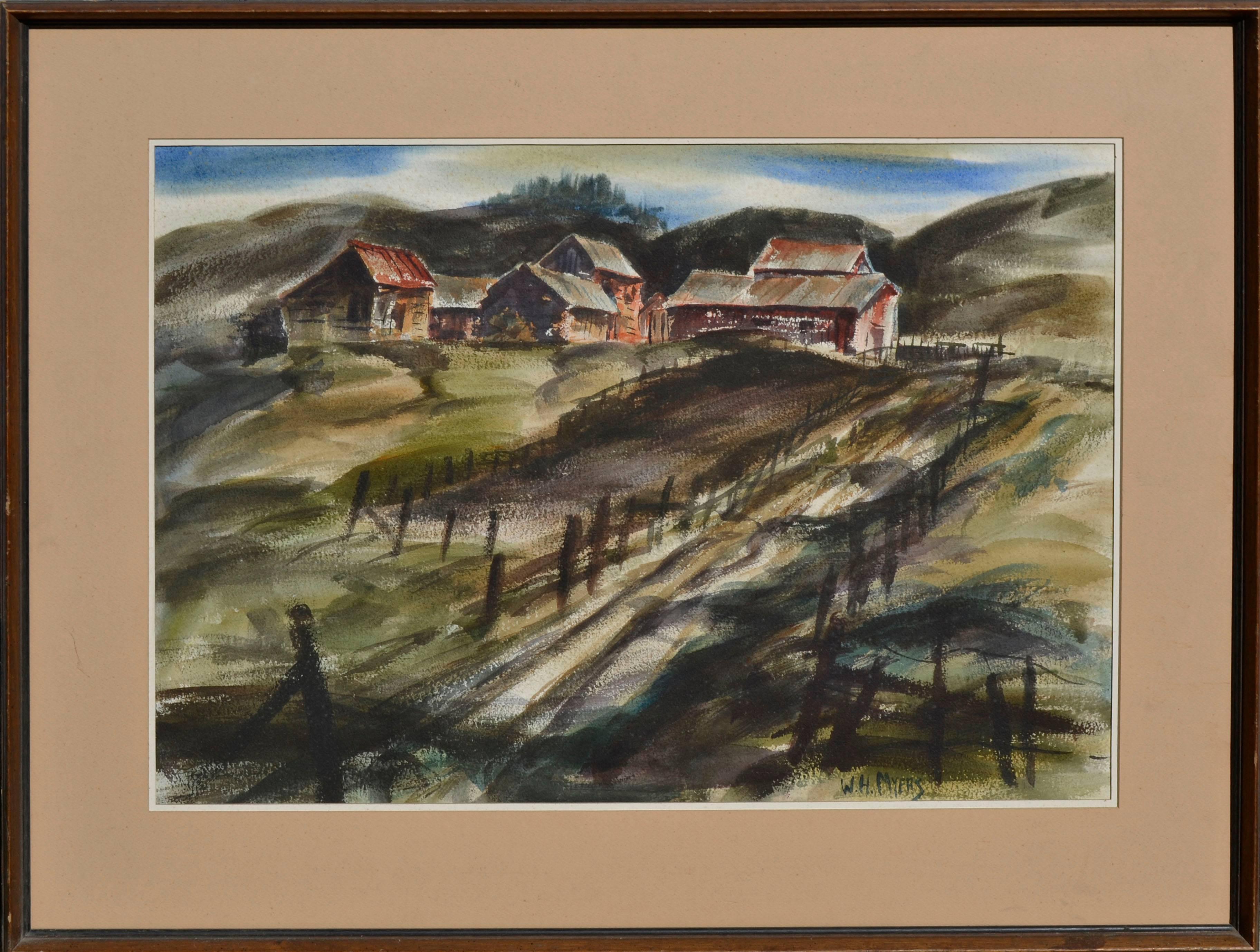 W. H. Myers Landscape Painting - Hillside Farm Landscape 