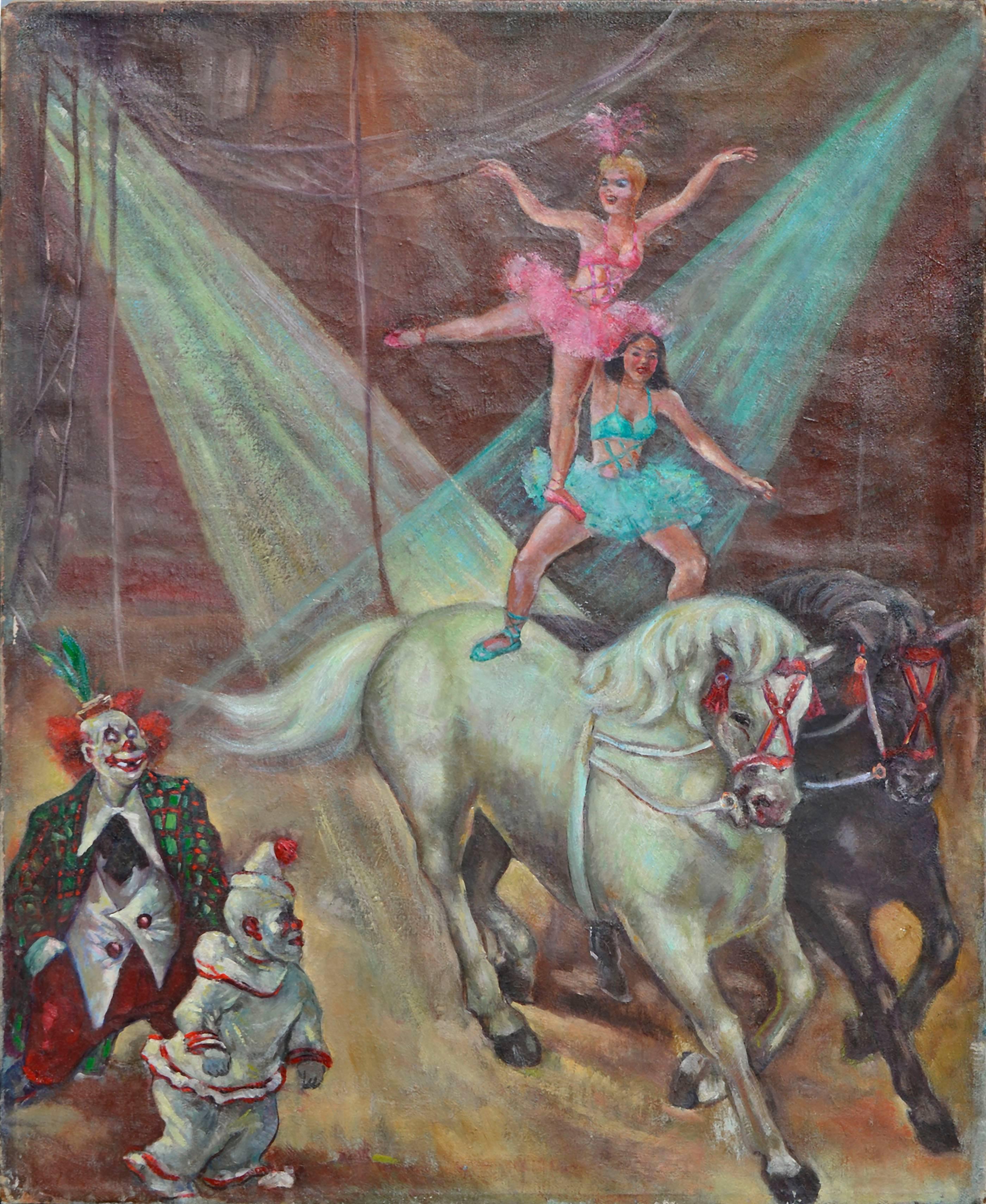 Unknown Figurative Painting - Circus Big Top - Horses, Riders & Clowns