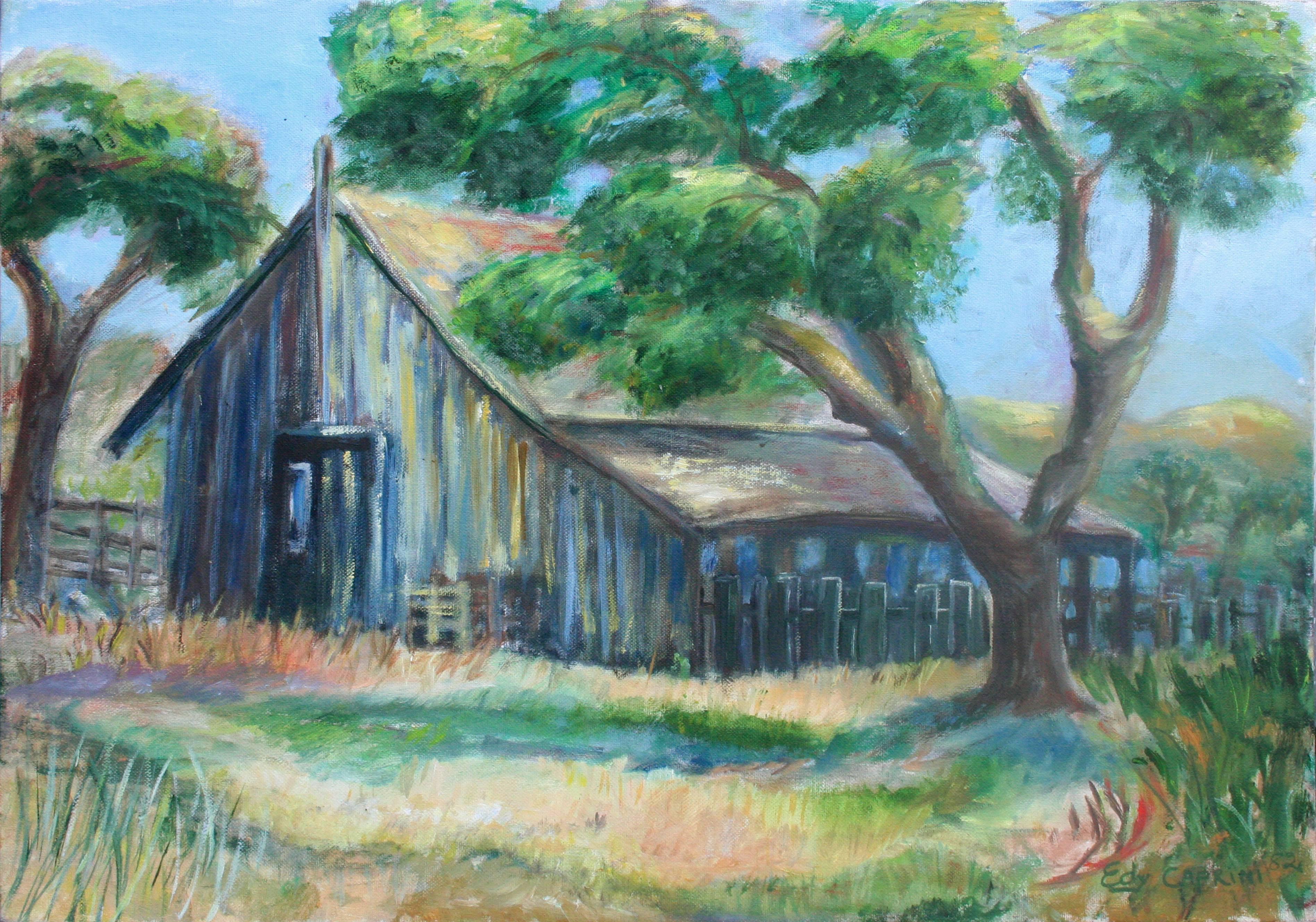 Irma Edy Caprini  Landscape Painting - California Farm Landscape with Wooden Barn 