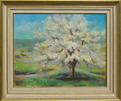 Spring Apricot Tree in Bloom - Mid Century Landscape 