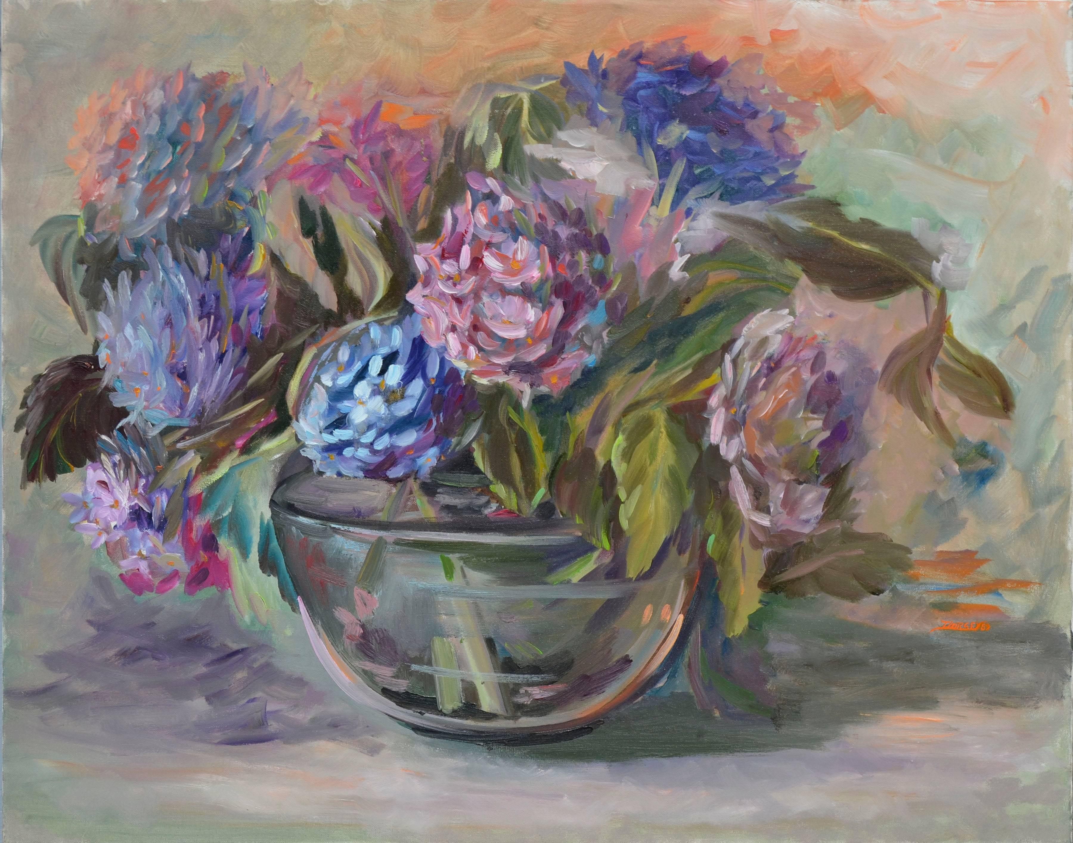 Dorsey American Still-Life Painting - Hydrangeas, Colorful Floral Still Life 