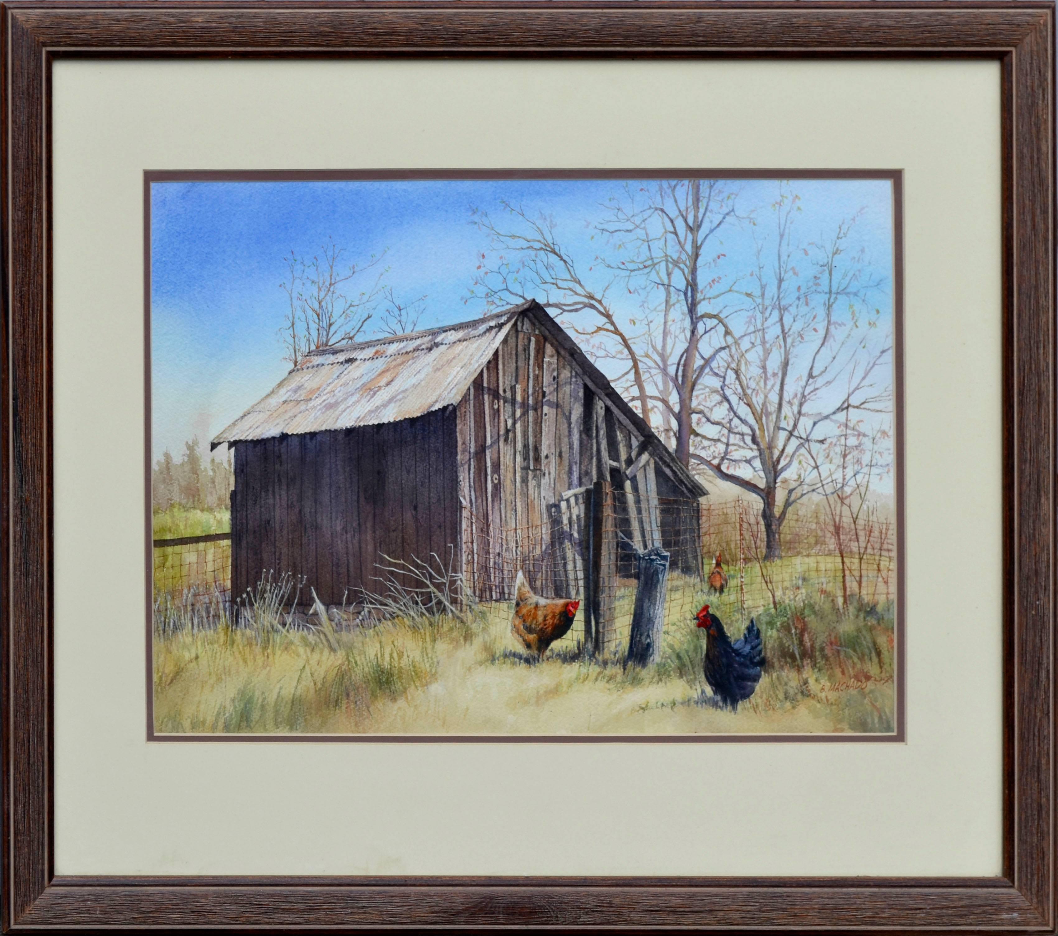 Bart Machado Animal Art - Old Barn with Chickens Landscape 