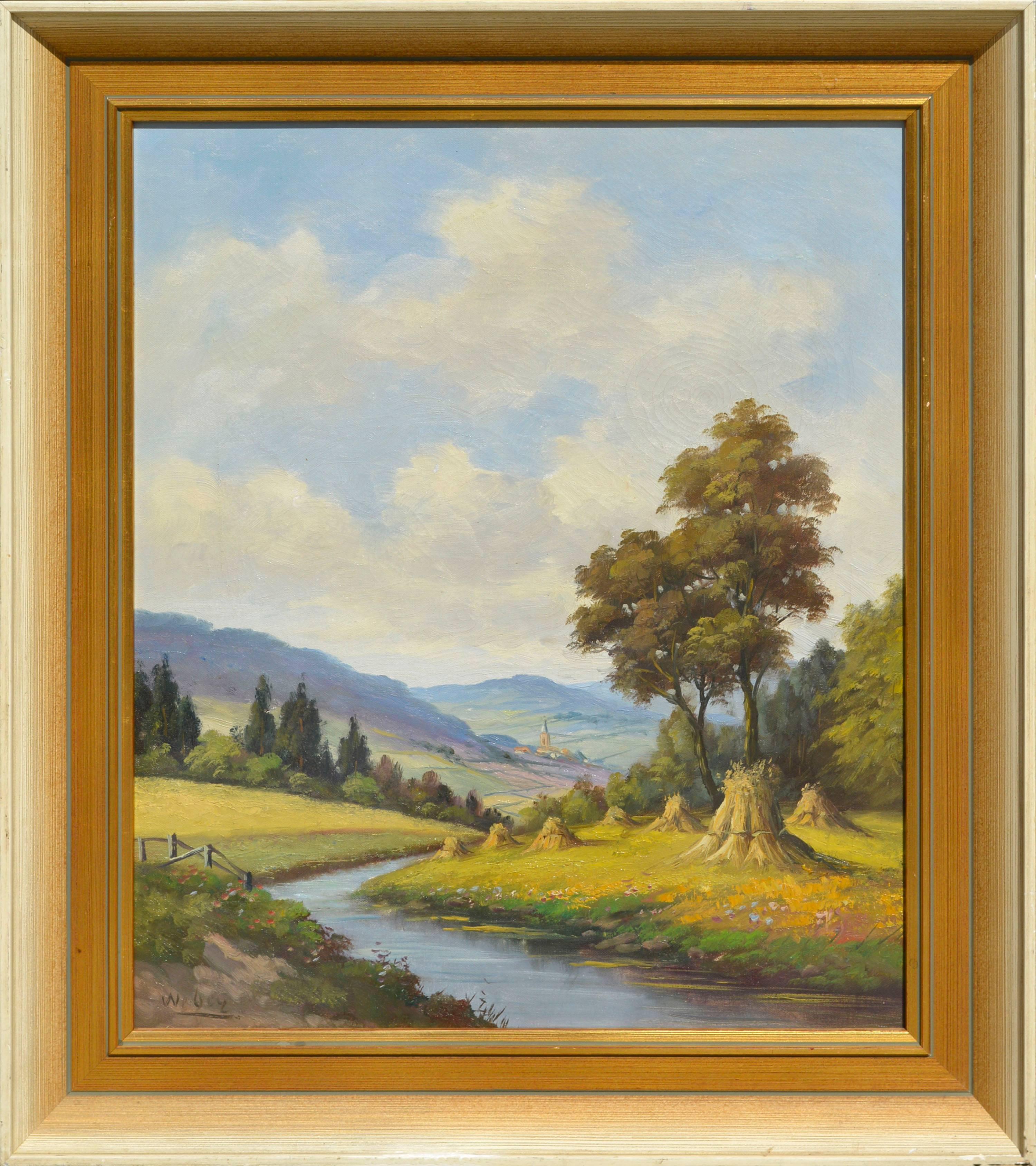 Weber Landscape Painting - Mid Century Danube Valley Harvest Landscape 