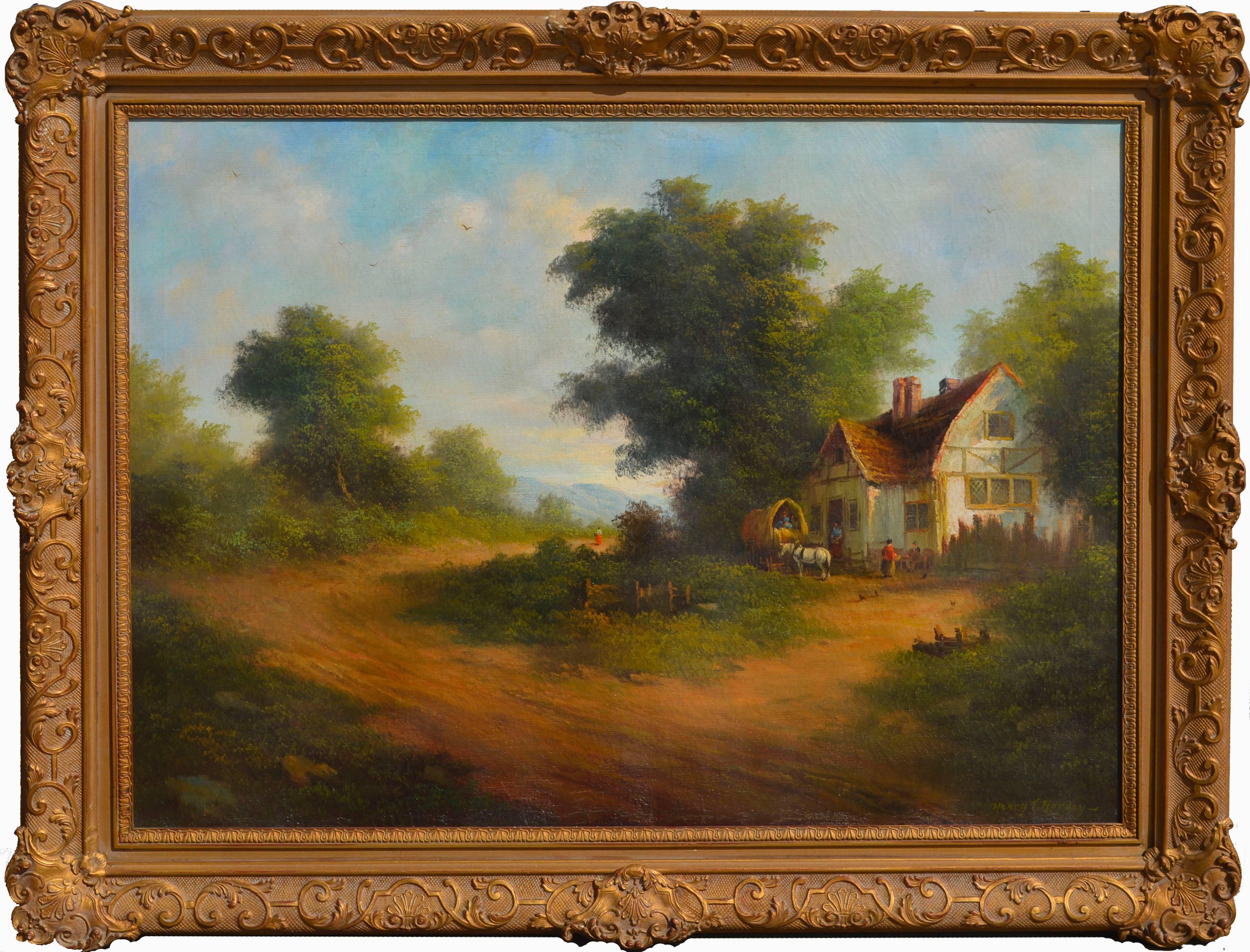 Henry T. Harvey Figurative Painting - 1940s English Country Cottage Landscape