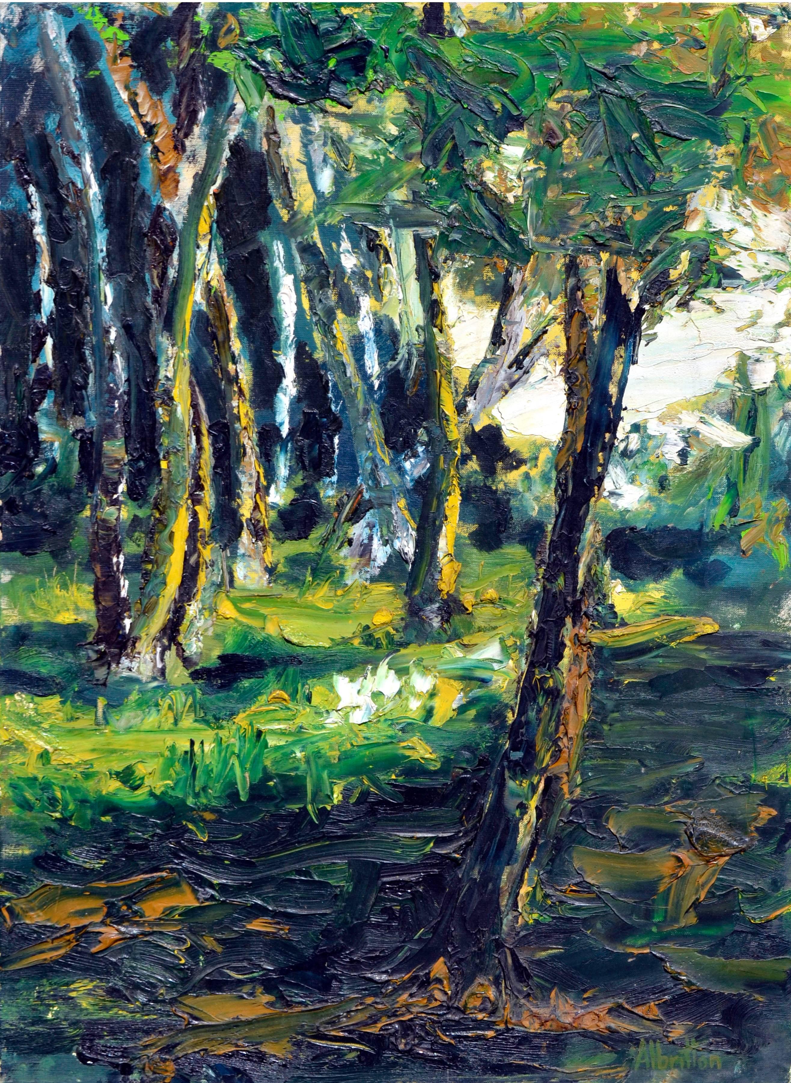 Elmer Albritton Landscape Painting - Mid Century Forest Sun Landscape 