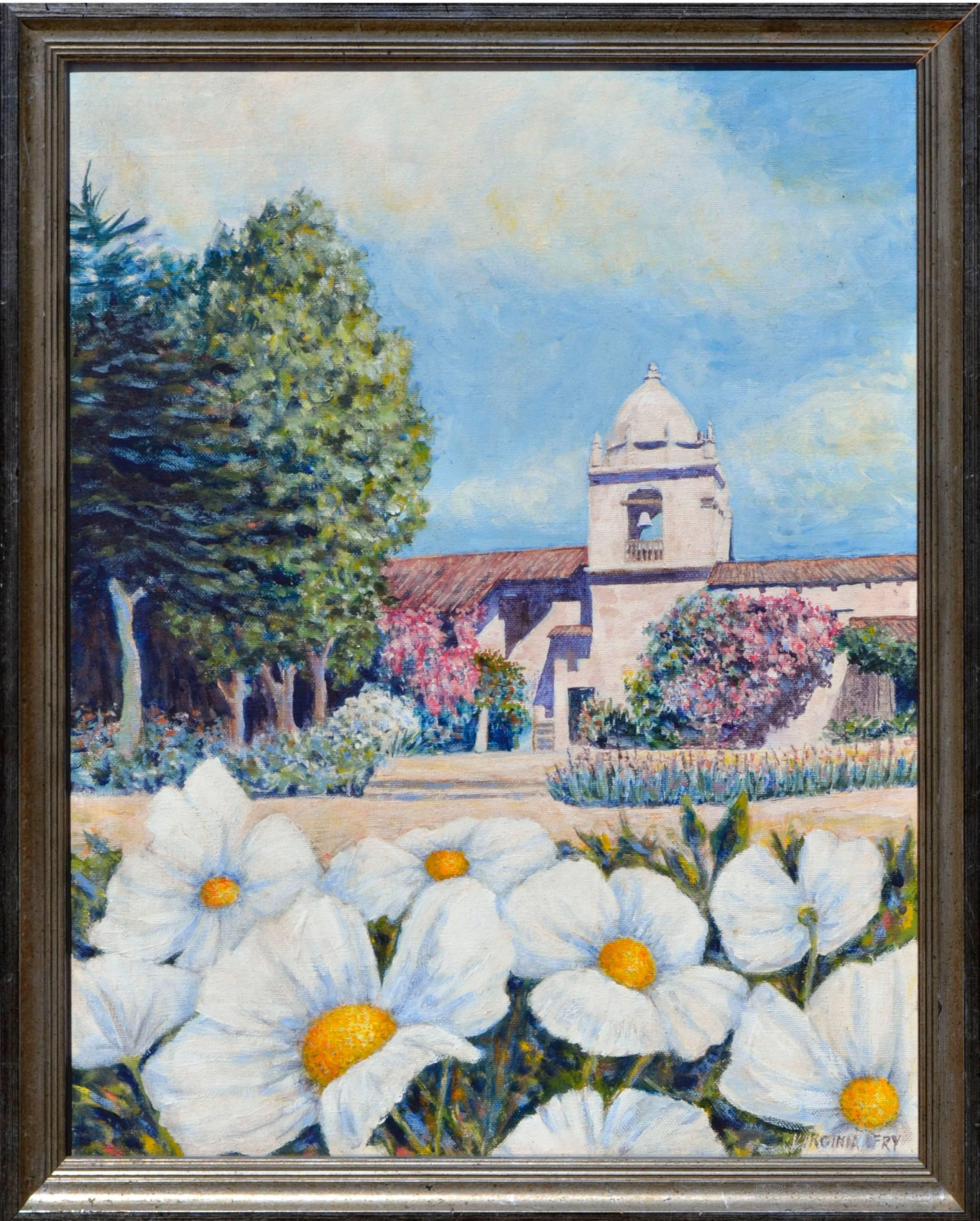 Landscape Painting Virginia Francesca Fry - Paysage vintage Carmel Mission avec fleurs 