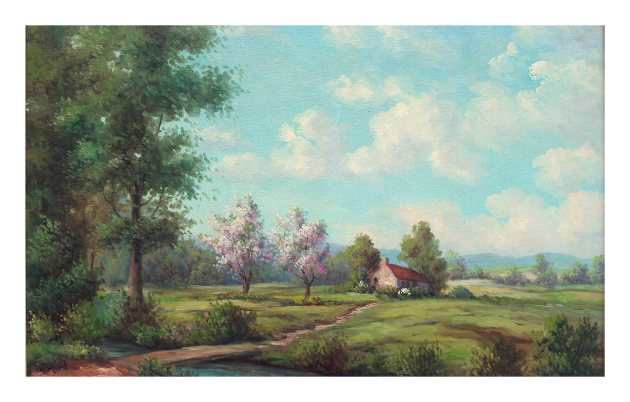 Two Almond Trees in Bloom - Painting by S. Hurst