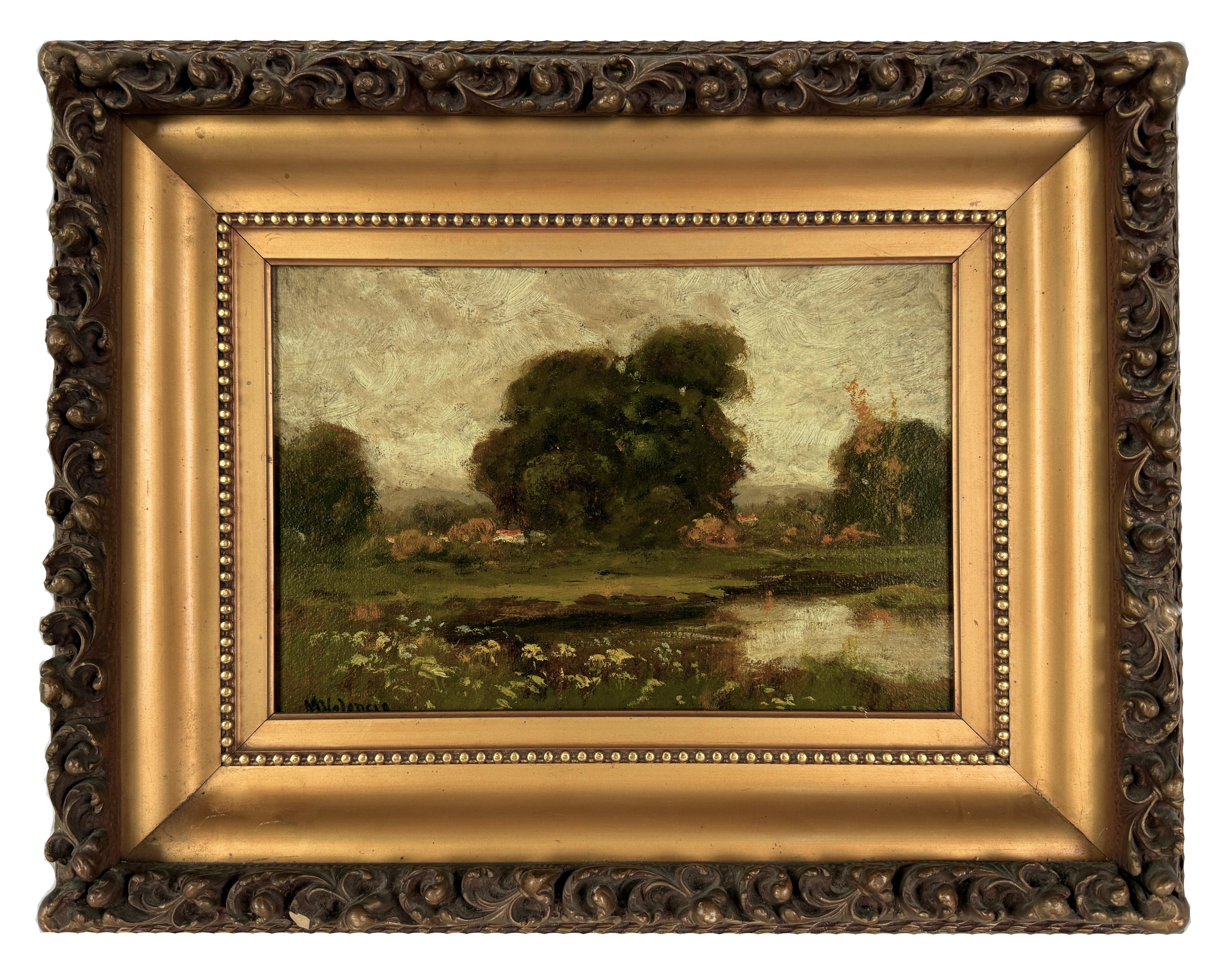Marin County Meadows and Pond with Oak Trees by Manuel Valencia Tonalist Pioneer
A painter of California history and western landscapes, Manuel Valencia was born in Marin County, California in 1856 on the Rancho San Jose, the Valencia hacienda. The