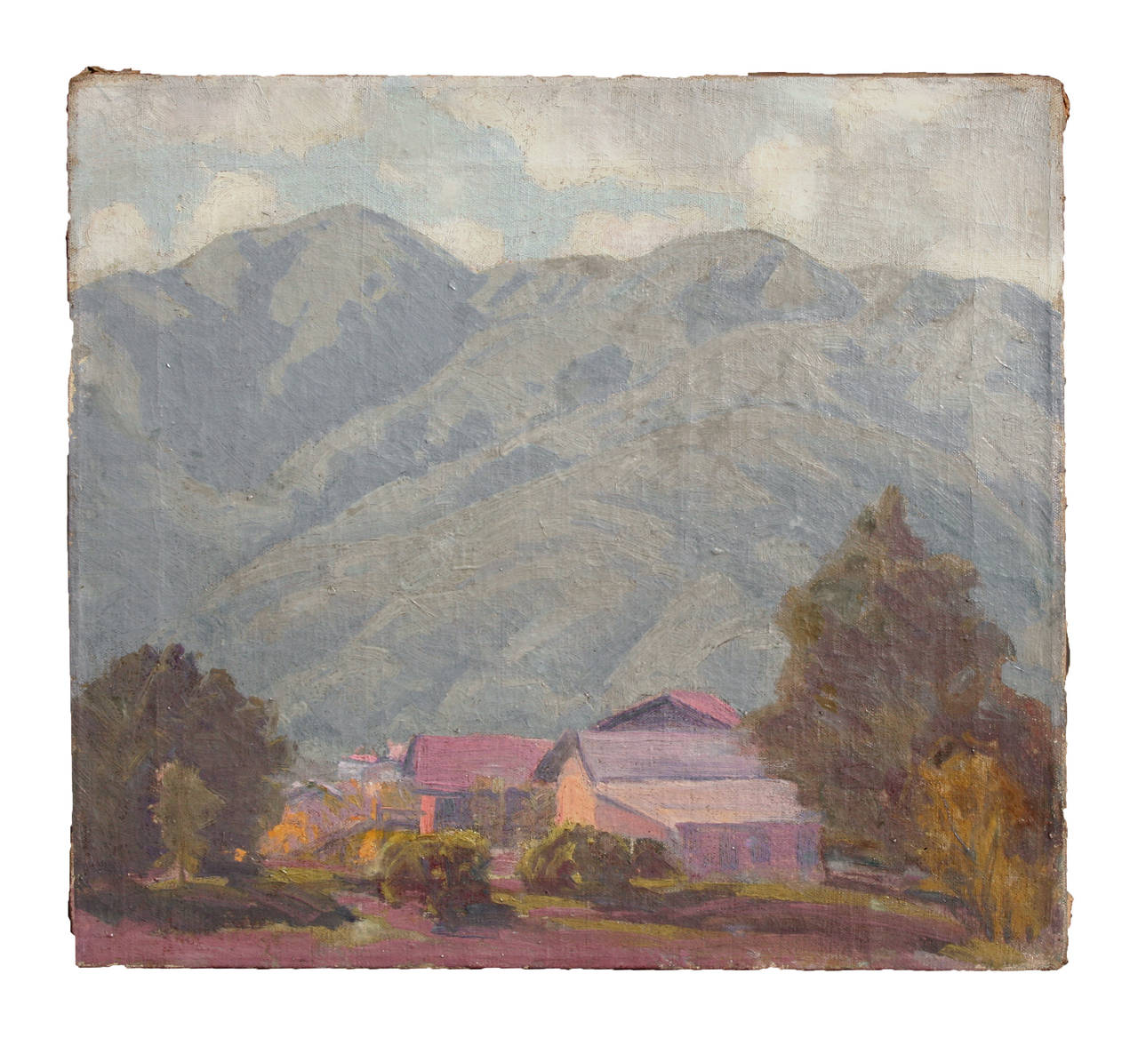 Substantial and period Arroyo Seco School landscape painting of the San Gabriel Mountains in California among billowing clouds and a red-roofed barn attributed to Hanson Puthuff (American 1875-1972), c.1920. Unsigned, Unframed. Image size: 16
