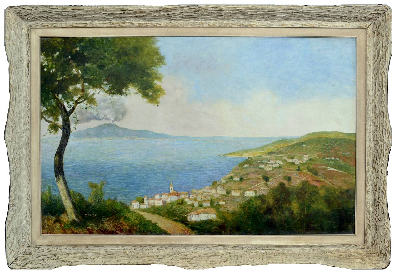 Mount Vesuvius from Sorrento, Italy - Mid Century Panoramic Landscape - Painting by E Caneta