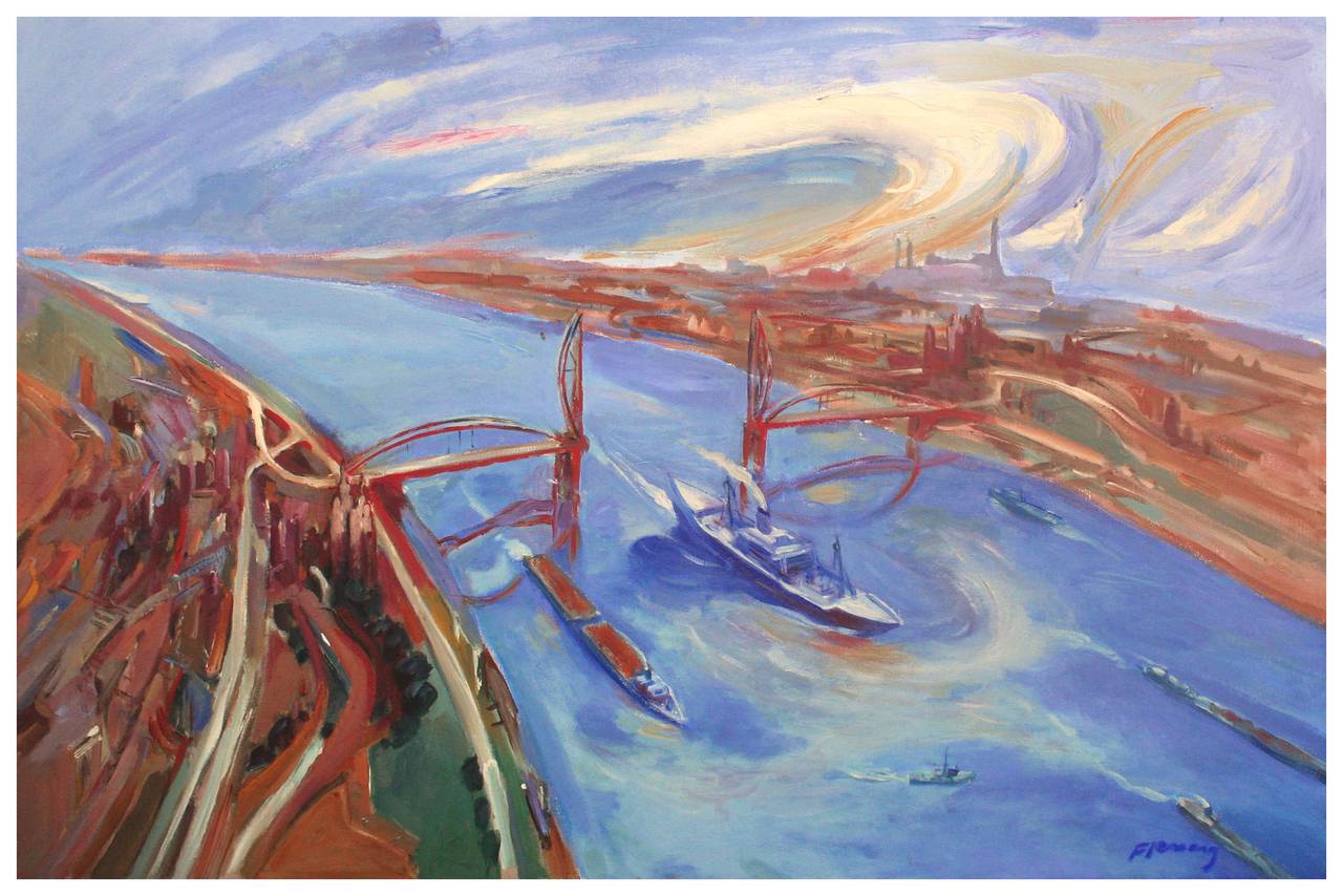 David Fleming Landscape Painting - "Drawbridge", Modernist Bay Area California Abstracted Landscape with Boats