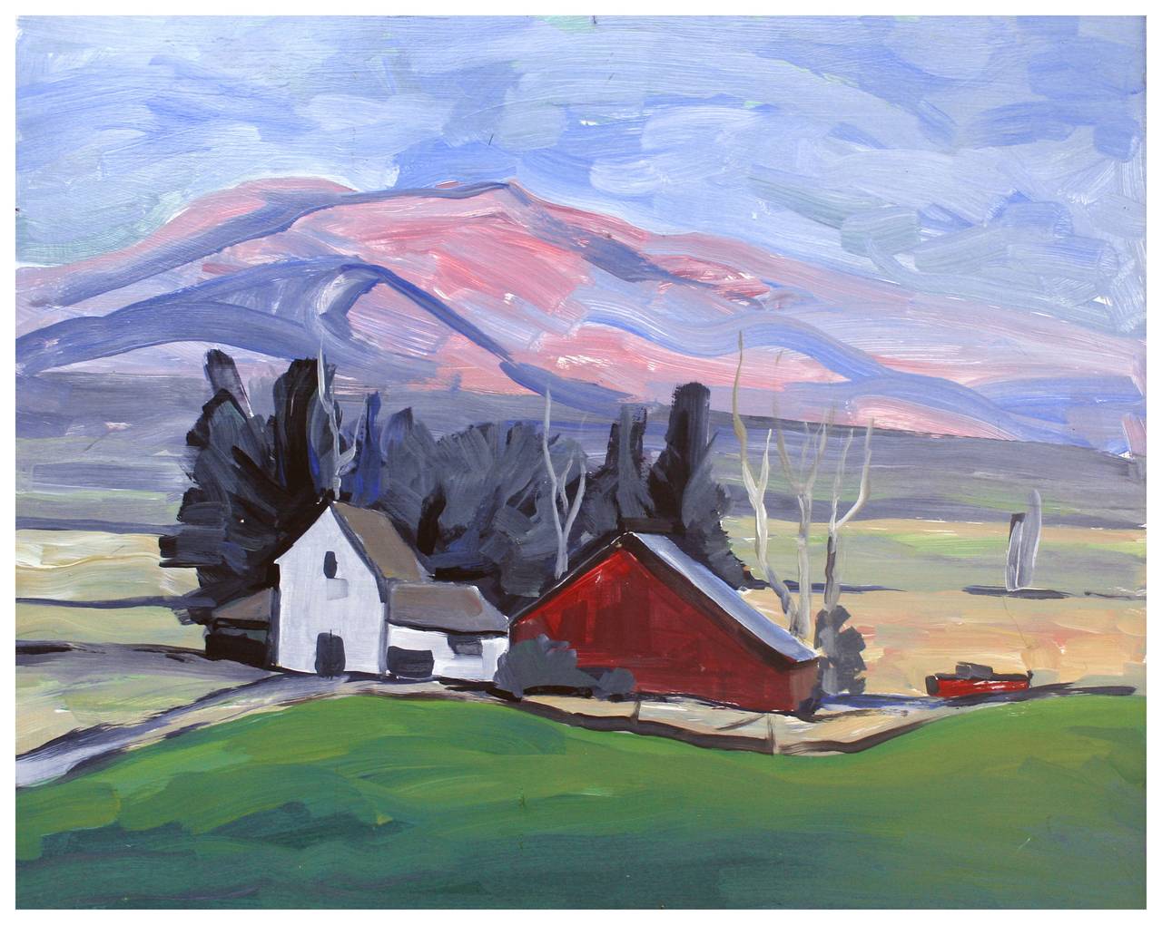 Unknown Landscape Painting - Pink Hilltops and Red Barn