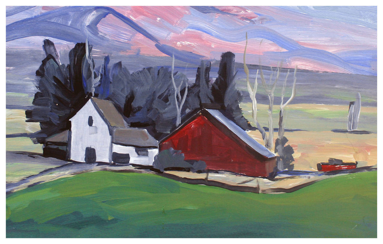 Pink Hilltops and Red Barn - Painting by Unknown