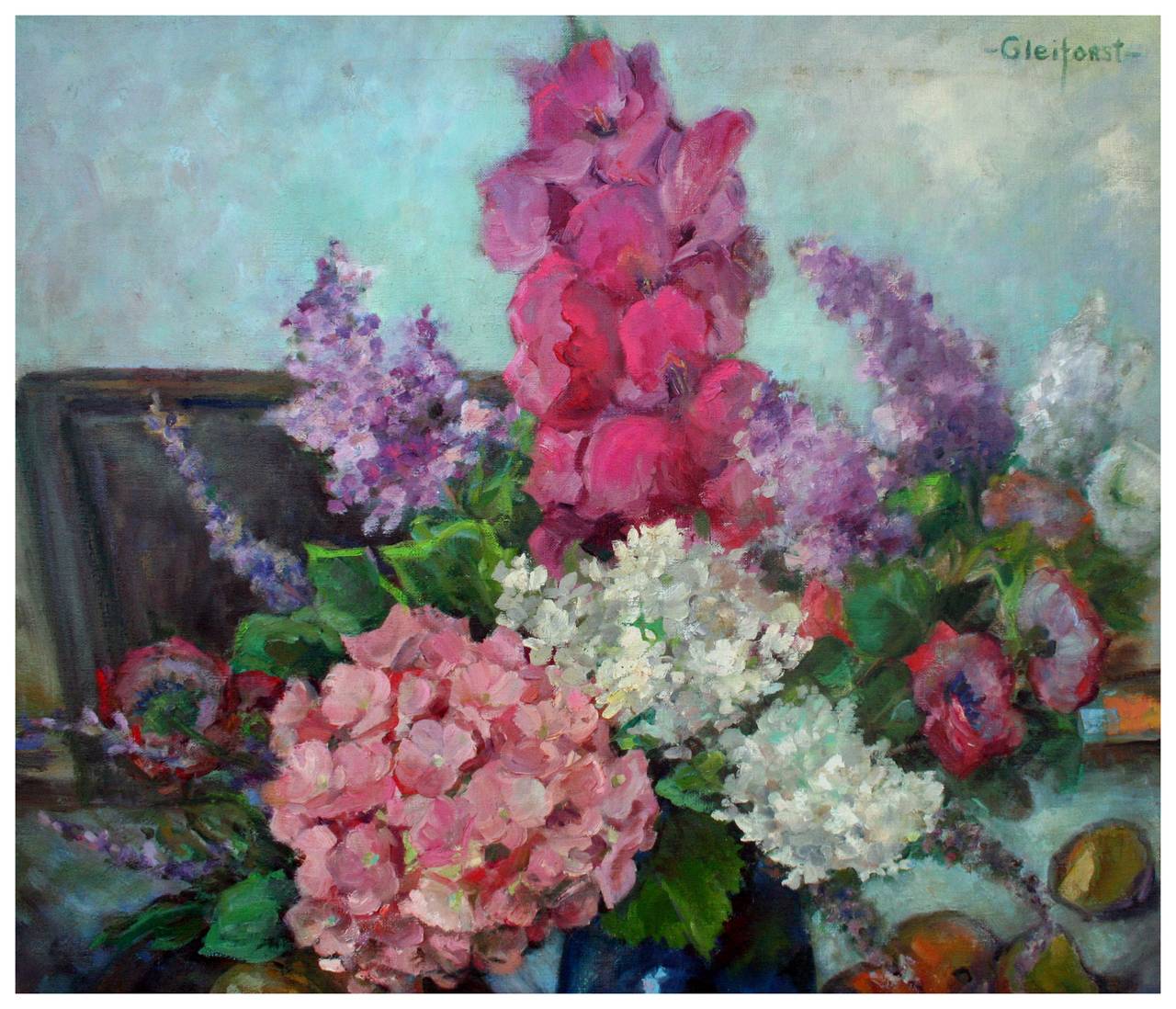 Mid Century Bouquet & Fruit Still Life - Painting by Helen Enoch Gleiforst