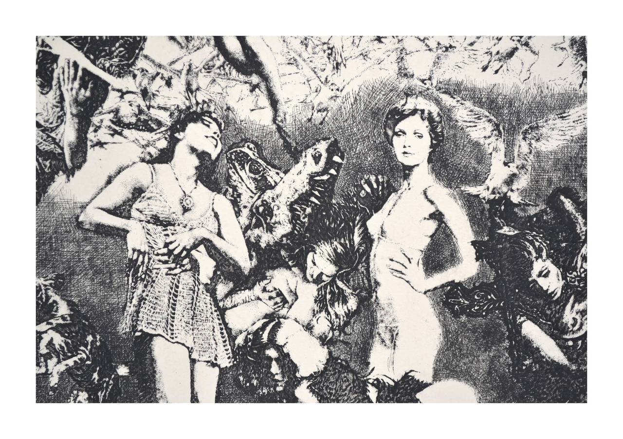 Surrealistische figurative Ätzung „The Visitation“ – Print von Herbert L. Fink