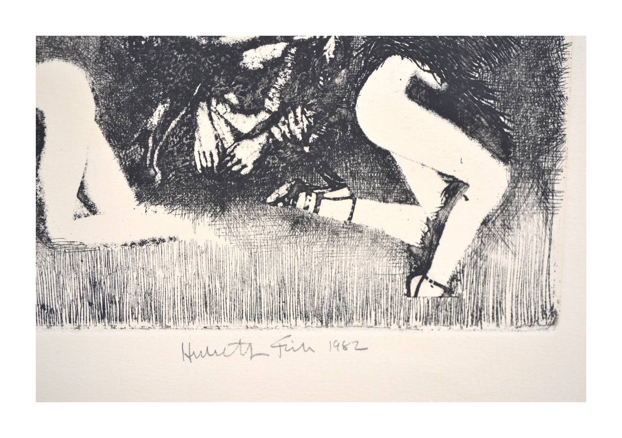 Surrealistische figurative Ätzung „The Visitation“  (Grau), Landscape Print, von Herbert L. Fink