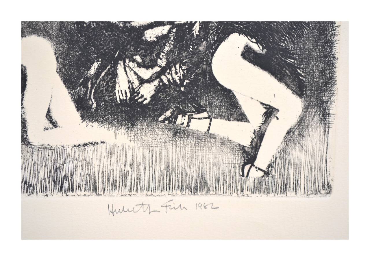 Surrealistische figurative Ätzung „The Visitation“ (Grau), Landscape Print, von Herbert L. Fink
