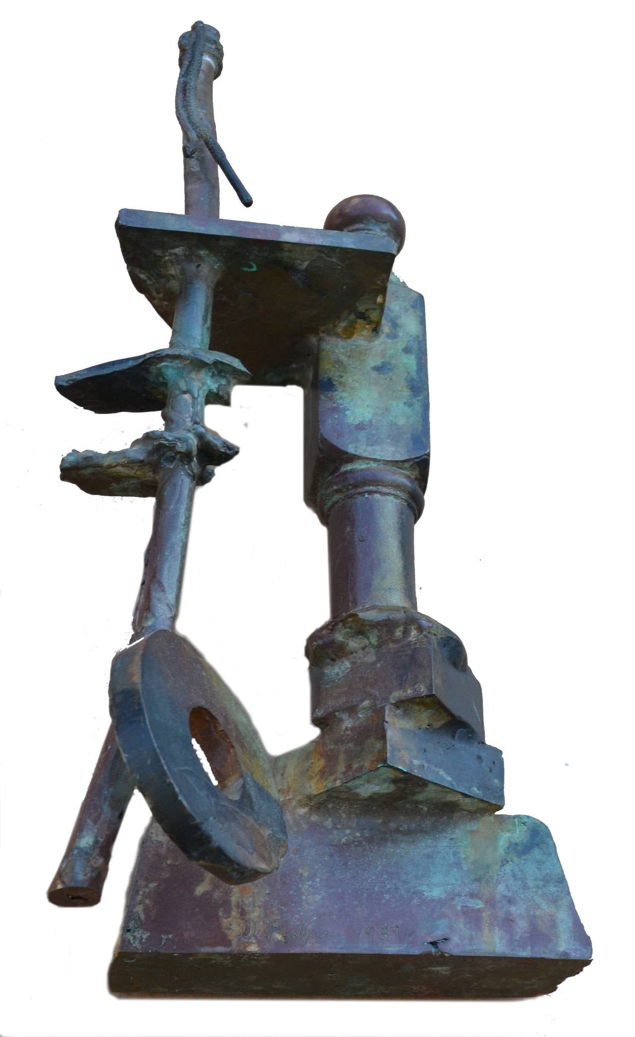 Compelling abstract bronze assemblage sculpture by California artist David Phelps (American, b.1956). This is a unique modern piece that references times past by juxtaposing several old fashioned elements like rope and balusters and a wheel, with