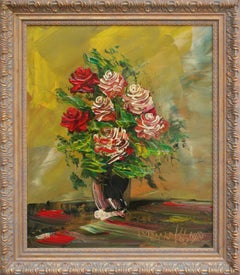 Rote Rosen, Impasto-Blumenstillleben des späten 20. Jahrhunderts, gebrochener Künstler