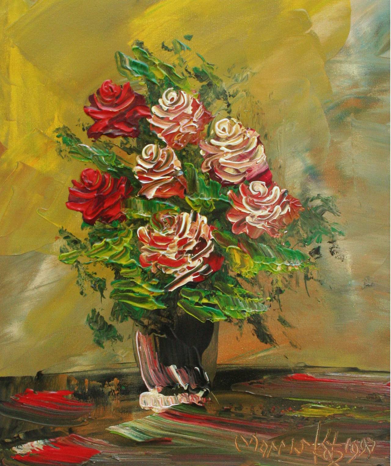 Rote Rosen, Impasto-Blumenstillleben des späten 20. Jahrhunderts, gebrochener Künstler – Painting von Morris Katz