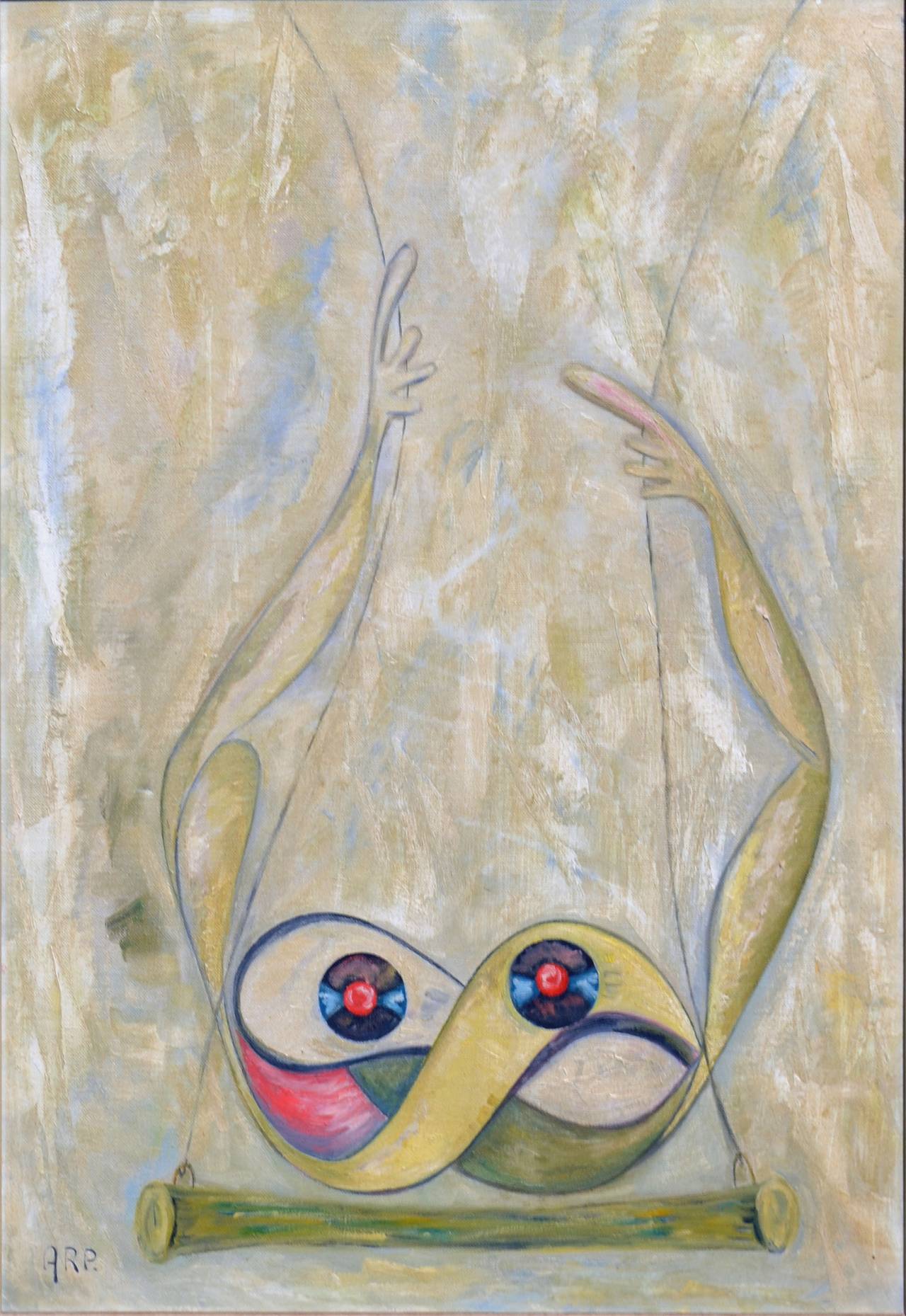 Fantasievolle abstrakte Trapezkünstler aus der Mitte des Jahrhunderts von der Brooklyner Künstlerin Hilda Dora Pape Arp (geb. 1909). Diese stark abstrahierte Darstellung von Trapezkünstlern aus dem Jahr 1962 verbindet biomorphe, abstrakte