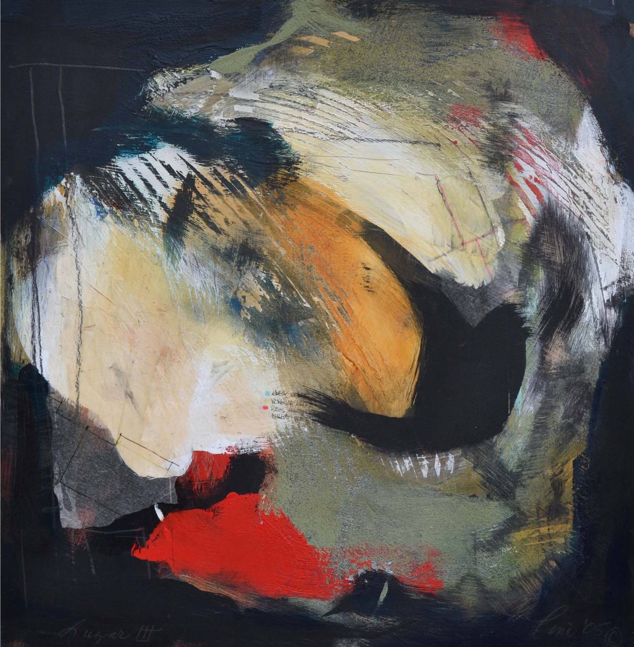 Hübsches abstraktes Werk mit dem Titel "Luzar III" von Tina Fuentes. Gemischte Medien mit Ölfarbe  und Seidenpapier auf Holzplatte. Unten und verso betitelt, signiert und datiert.  Bildgröße: 24 "H x 24 "B.

Tina Fuentes (geboren 1949) ist eine