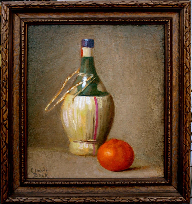 Claude Buck Still-Life Painting – Mid Century Chianti mit Orange Stillleben