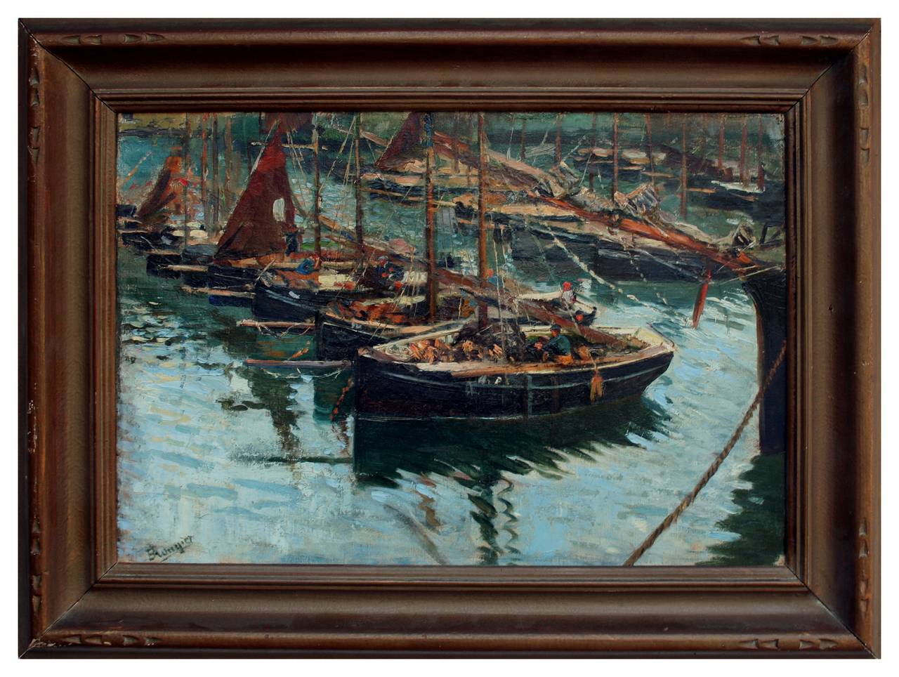 Early 20th Century Cornish Harbor Fishing Boats Landscape 