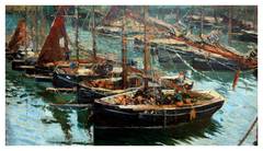 Rare Early 20th Century Cornish Harbor Fishing Boats Landscape 1910